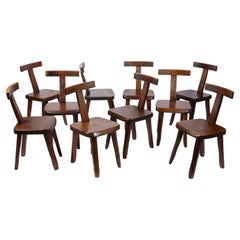 Chaises de salle à manger en orme massif brutaliste du milieu du siècle avec dossier en T