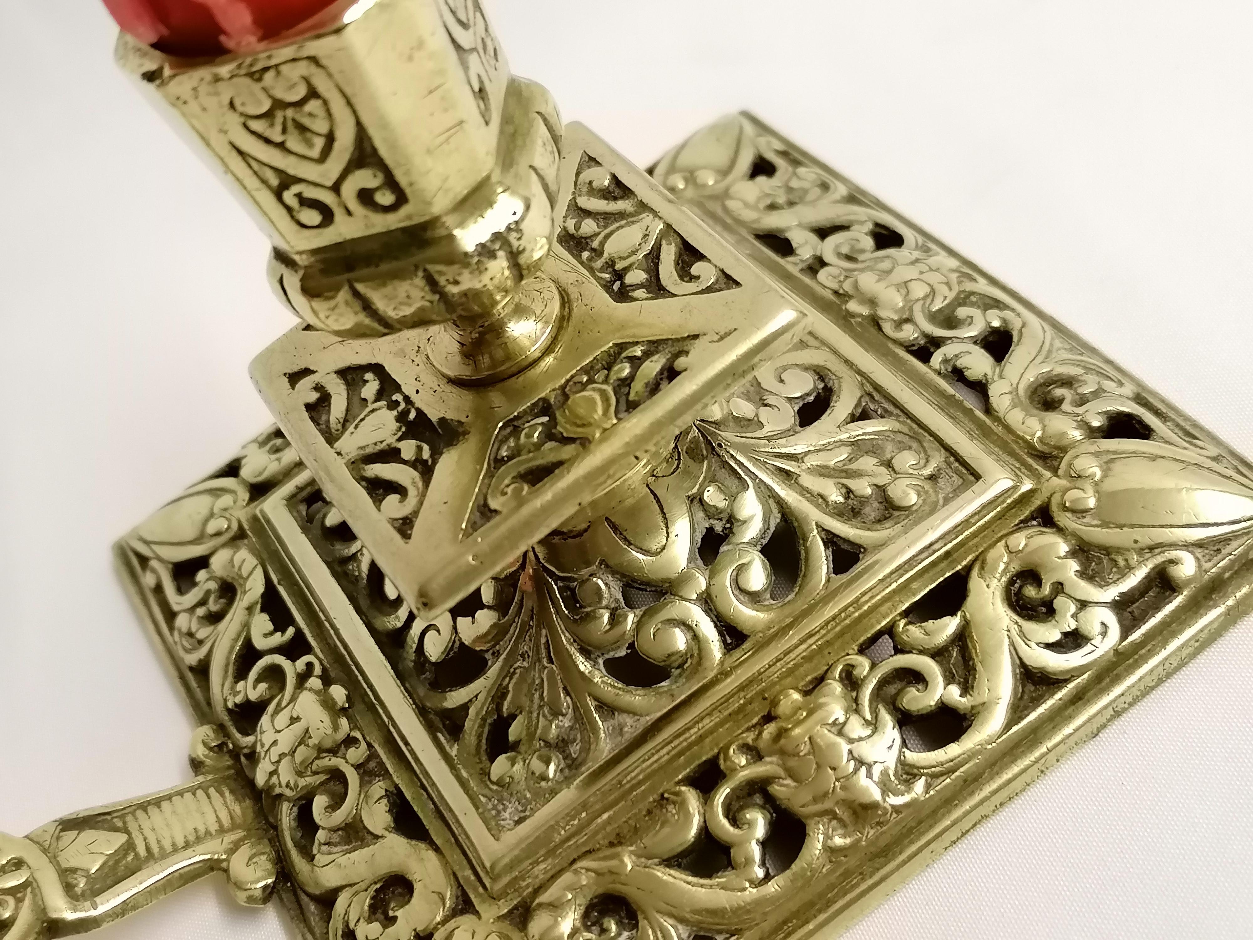 19th Century French Solid Embossed Brass Candle Holder, Candle Stick For Sale