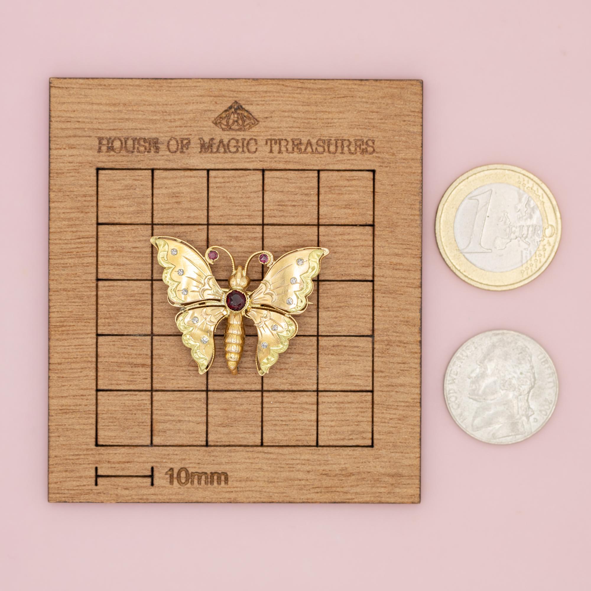 Mariposa francesa de oro macizo - Broche victoriano tardío de oro de 18 quilates con rubíes en Bueno Estado en Antwerp, BE
