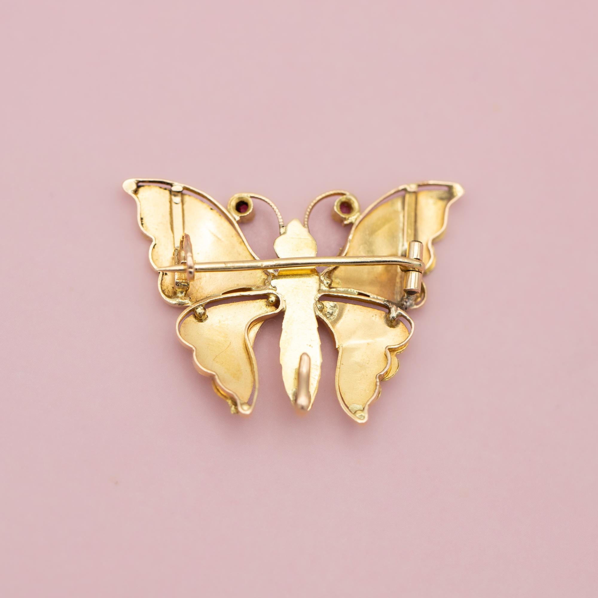 Französischer Schmetterling aus massivem Gold - Spätviktorianische Brosche aus 18 Karat Gold mit Rubinen 1