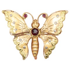 Mariposa francesa de oro macizo - Broche victoriano tardío de oro de 18 quilates con rubíes