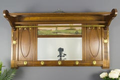 French Solid Oak and Brass Coat Rack with Beveled Mirror and Landscape Painting