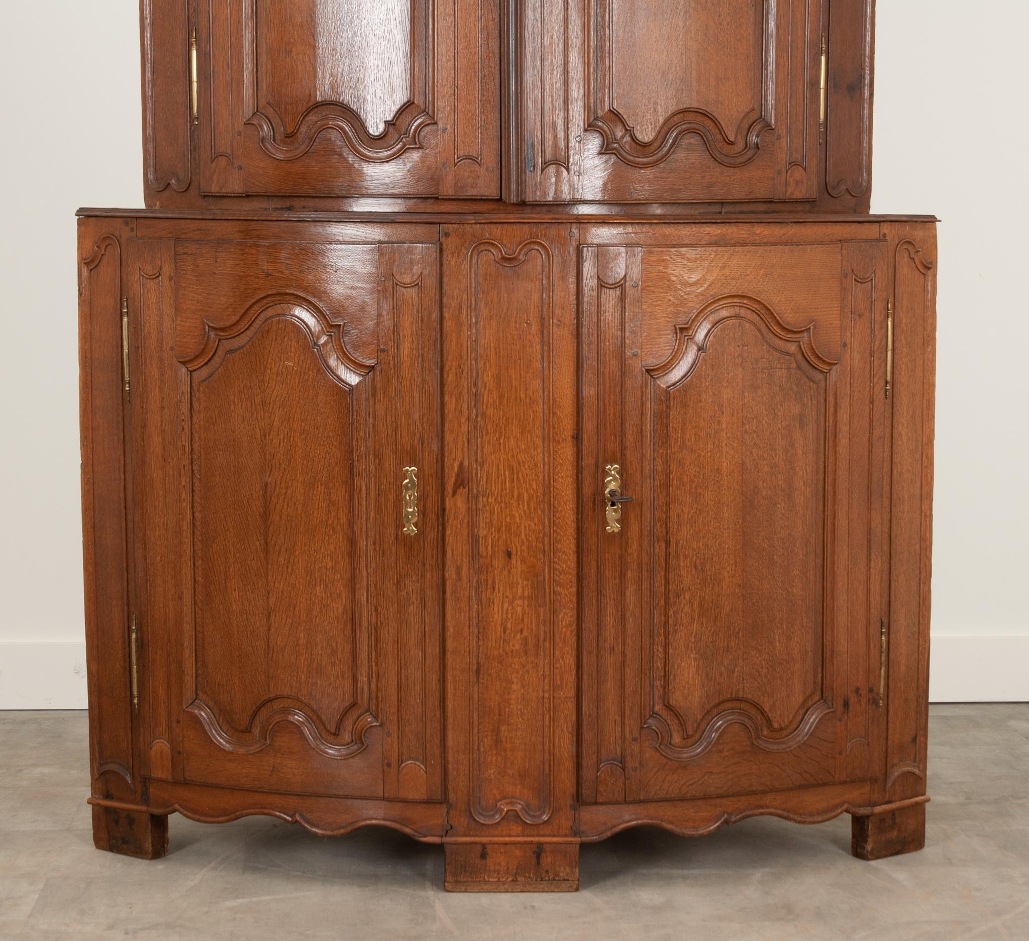 Carved French Solid Oak Corner Buffet a deux Corps For Sale