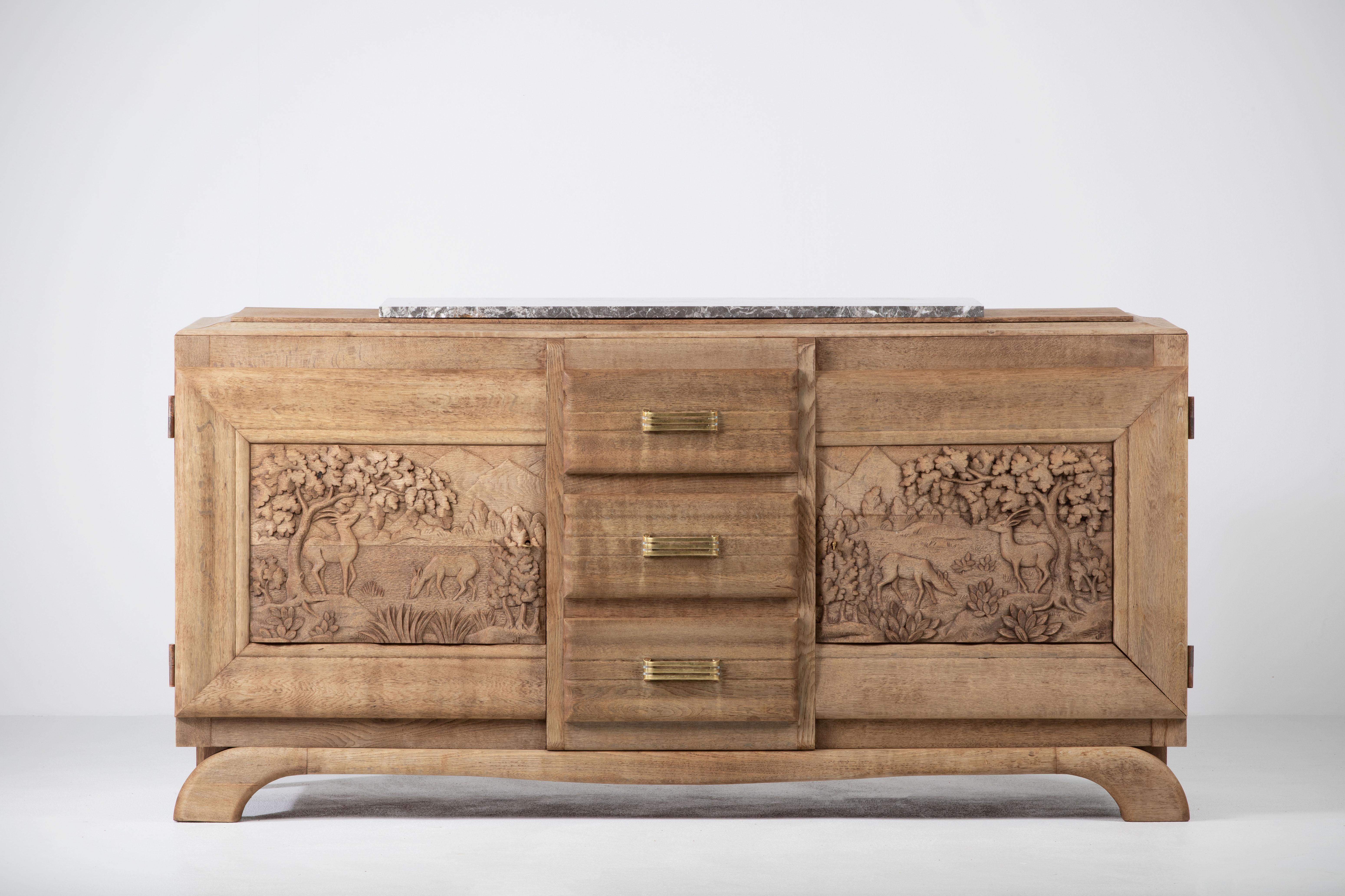 Art Deco French Solid Oak Credenza, 1940s