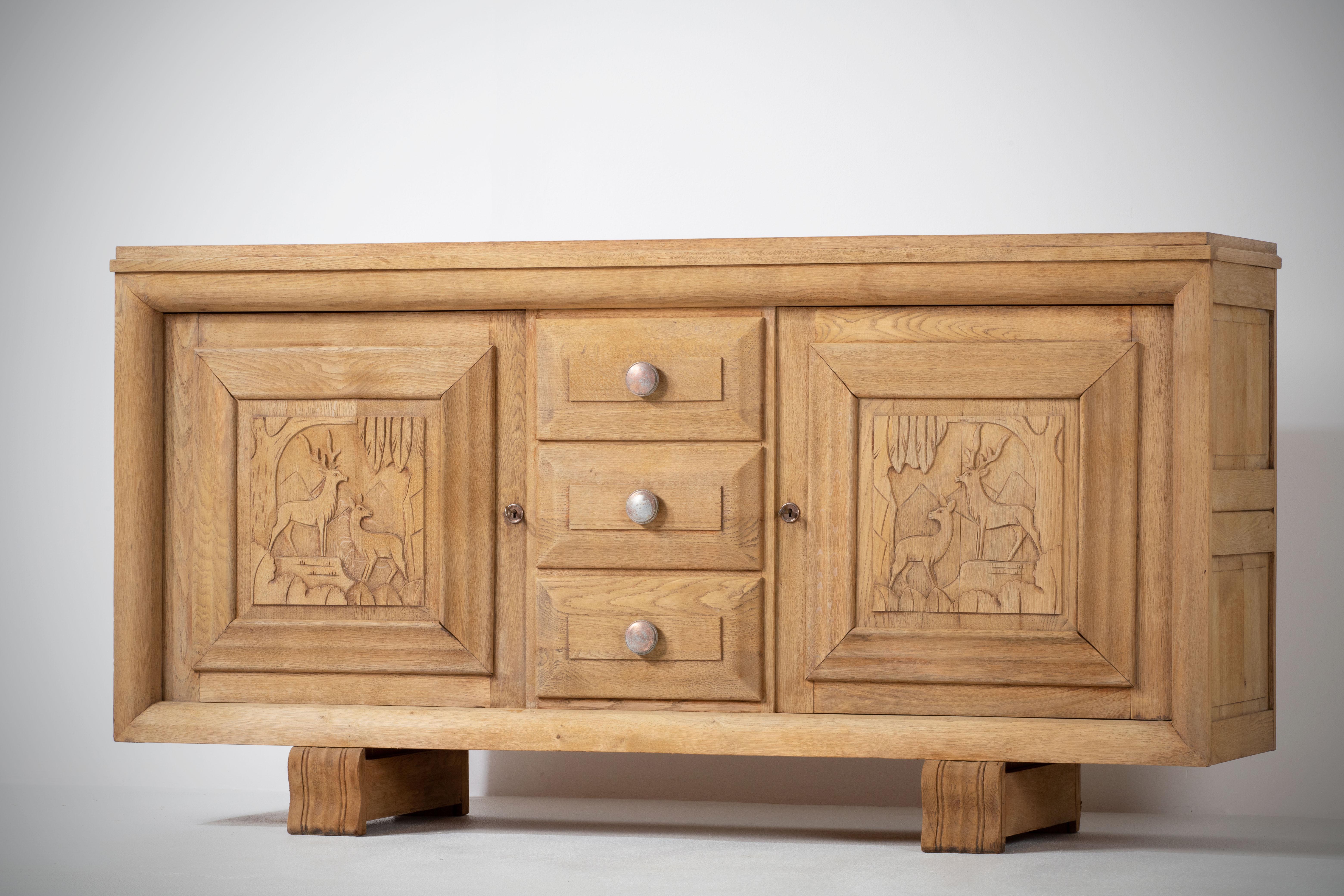 Art Deco French, Solid Oak Credenza, 1940s For Sale