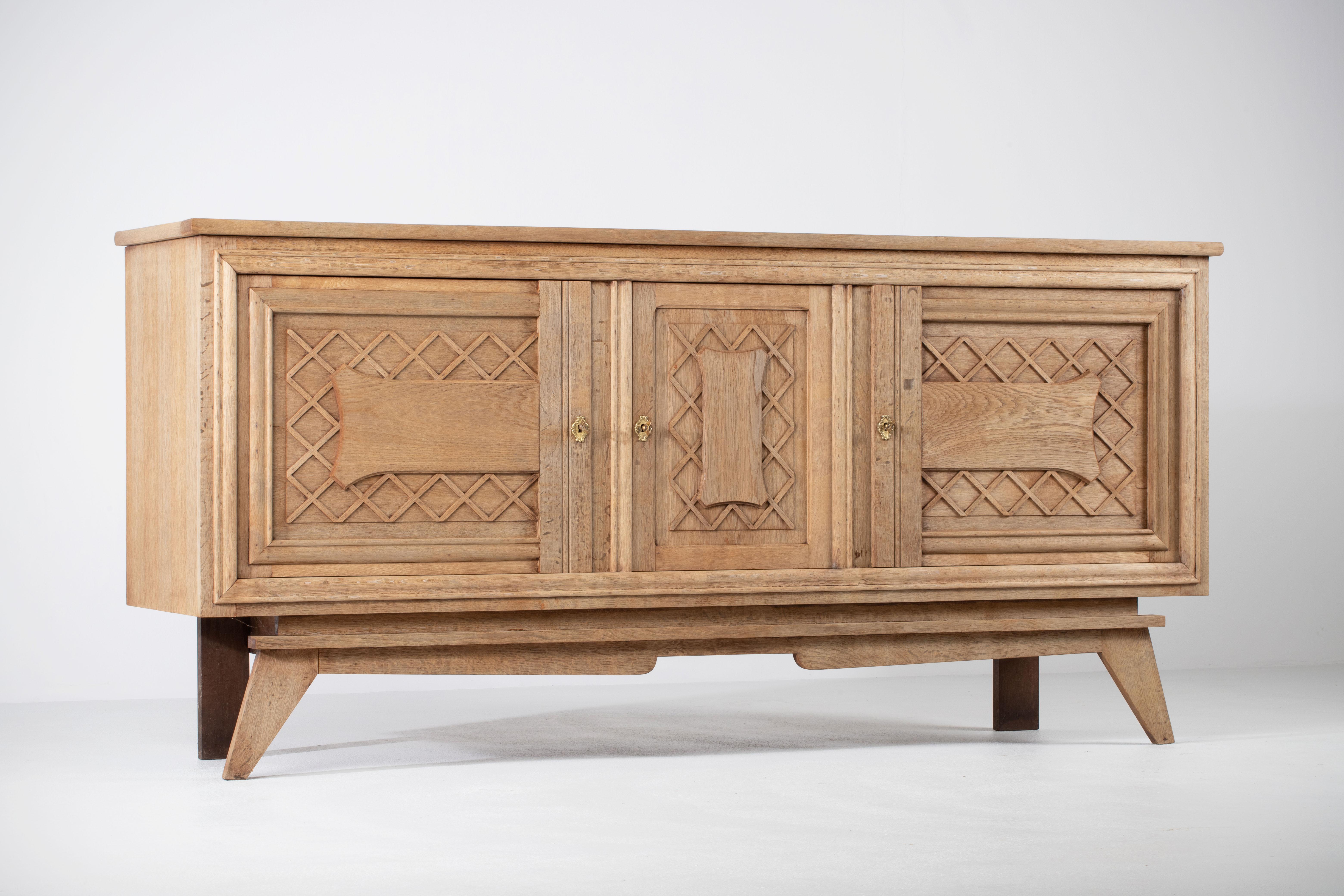 Art Deco French Solid Oak Credenza, 1940s For Sale