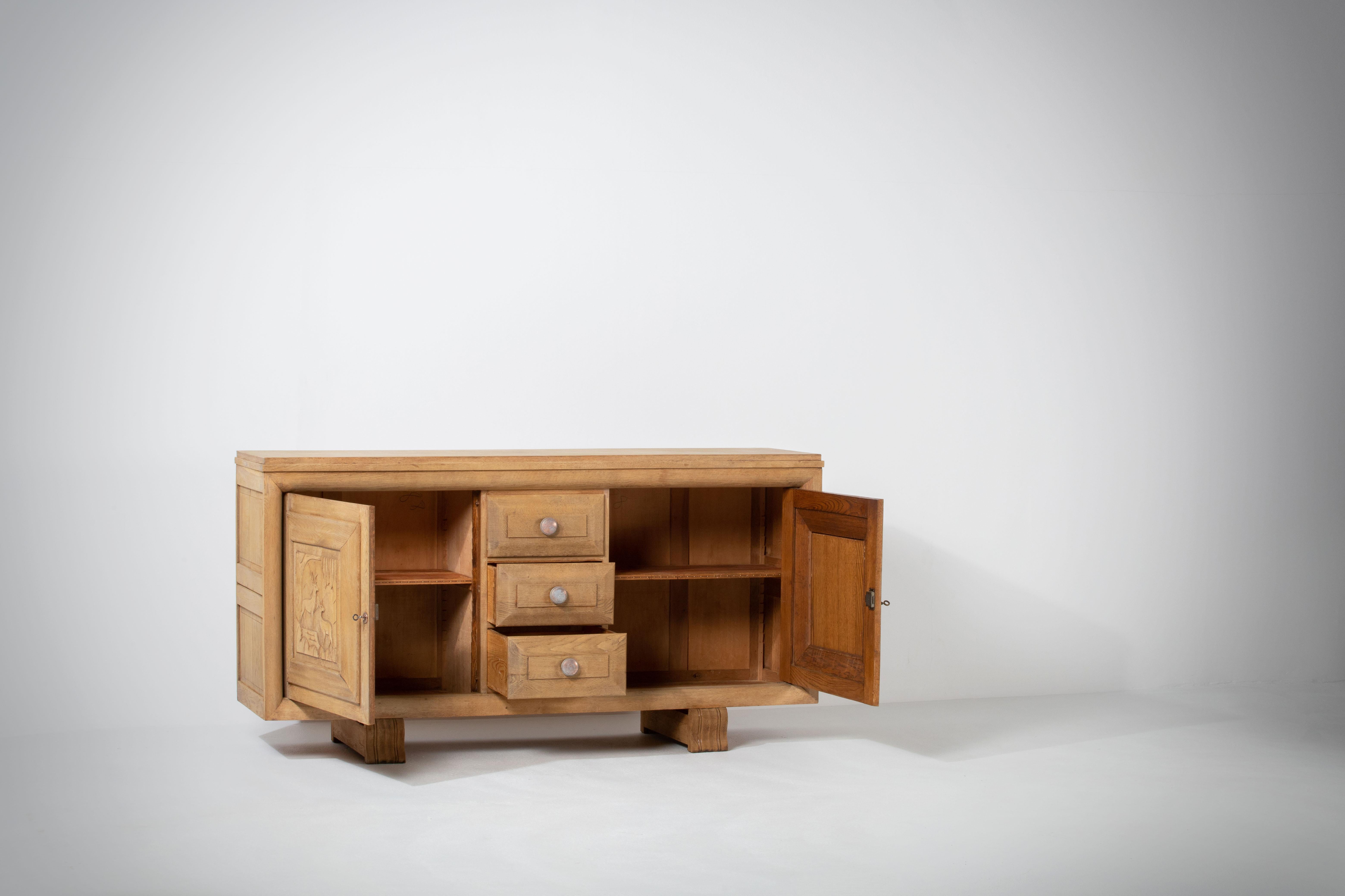 Mid-20th Century French, Solid Oak Credenza, 1940s For Sale