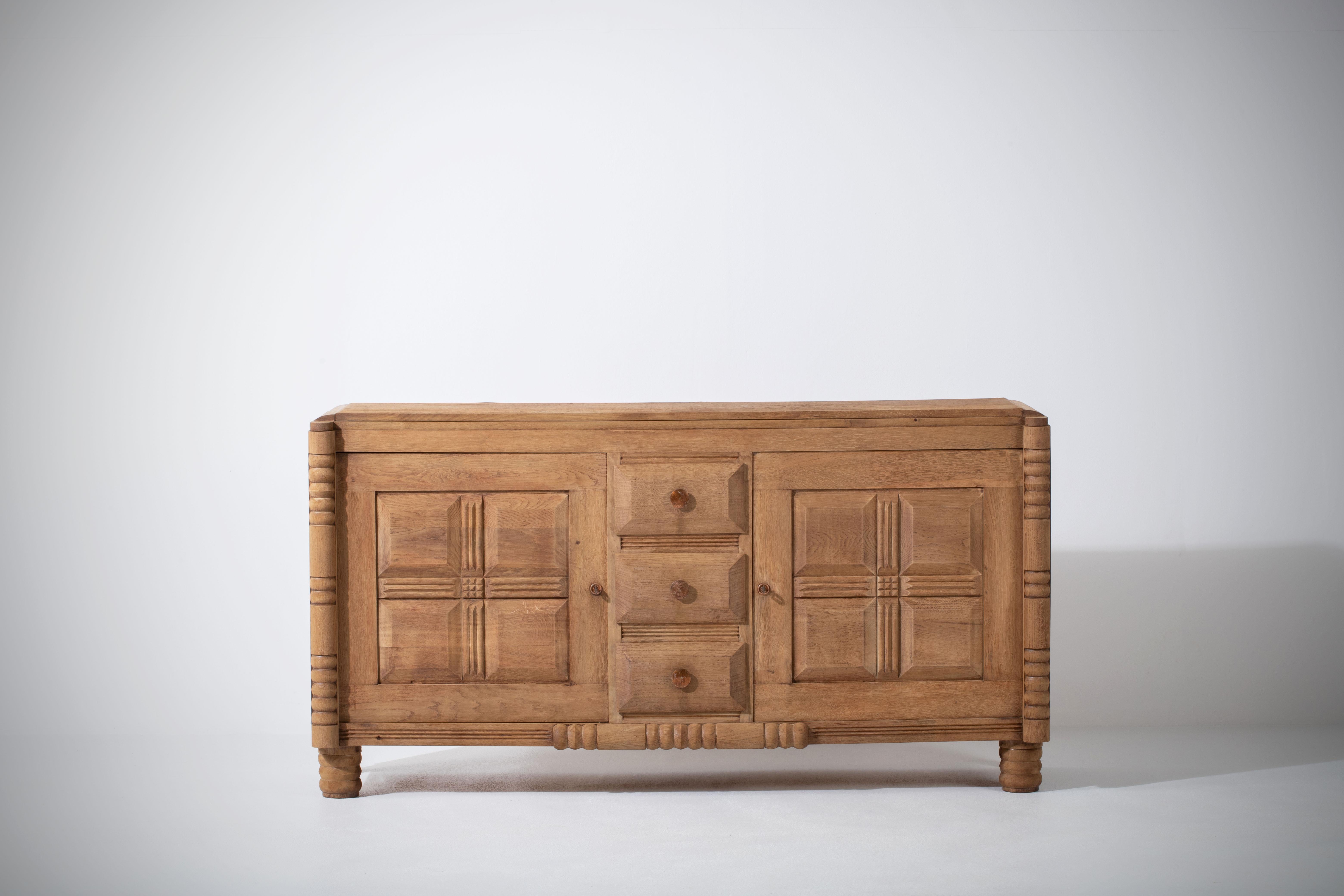 Mid-20th Century French Solid Oak Credenza, 1940s