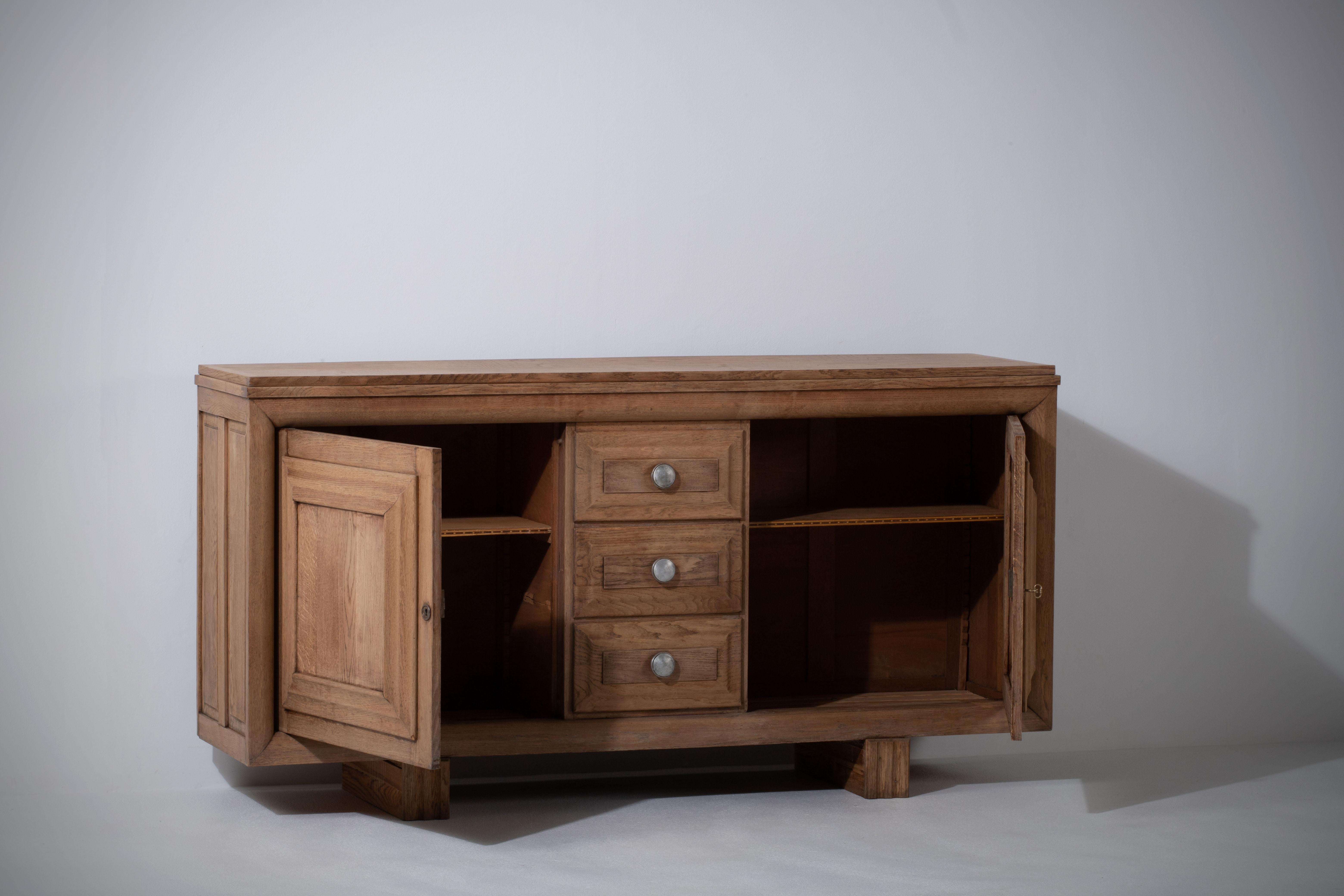 Mid-20th Century French, Solid Oak Credenza, 1940s For Sale