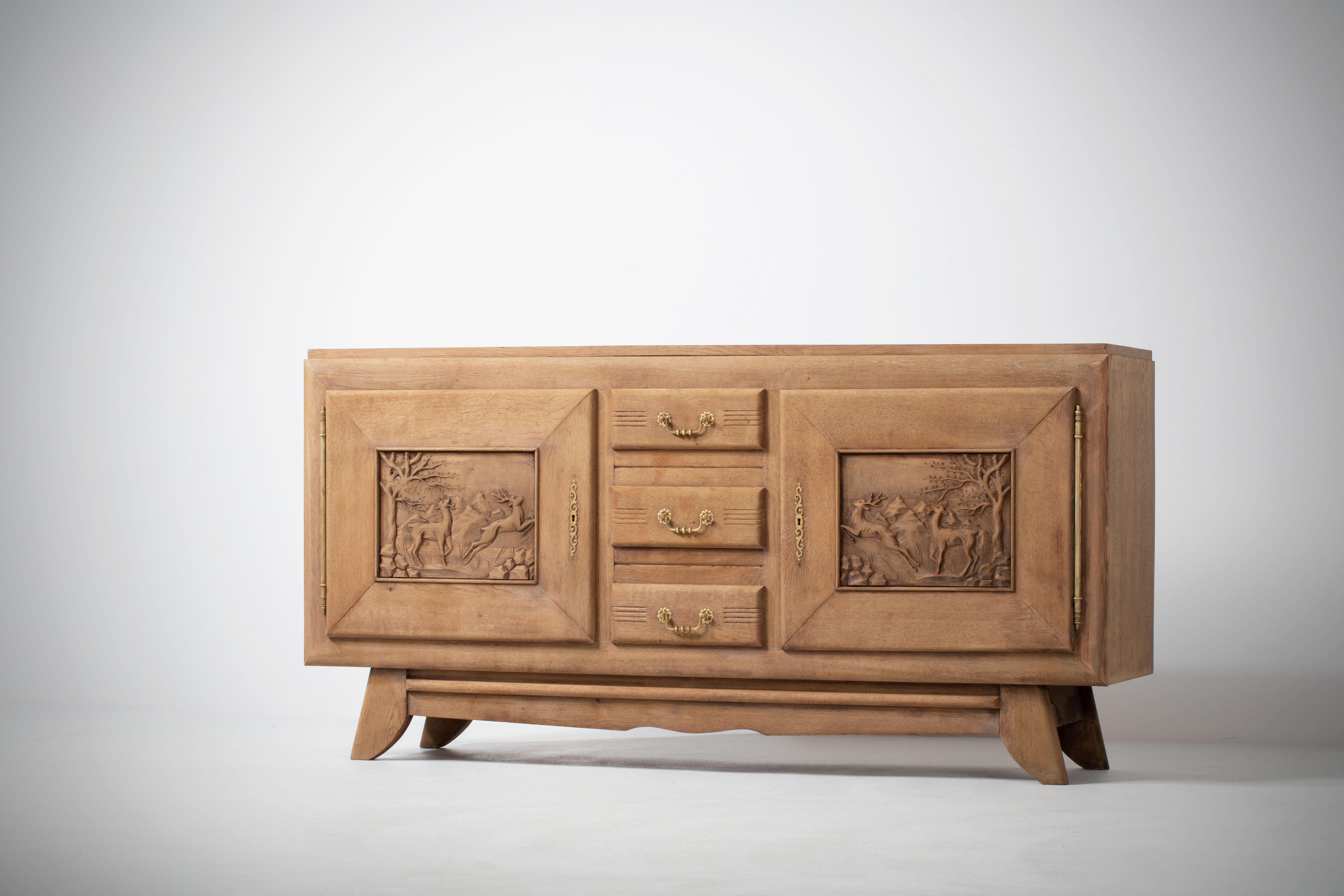 Marble French Solid Oak Credenza, 1940s For Sale
