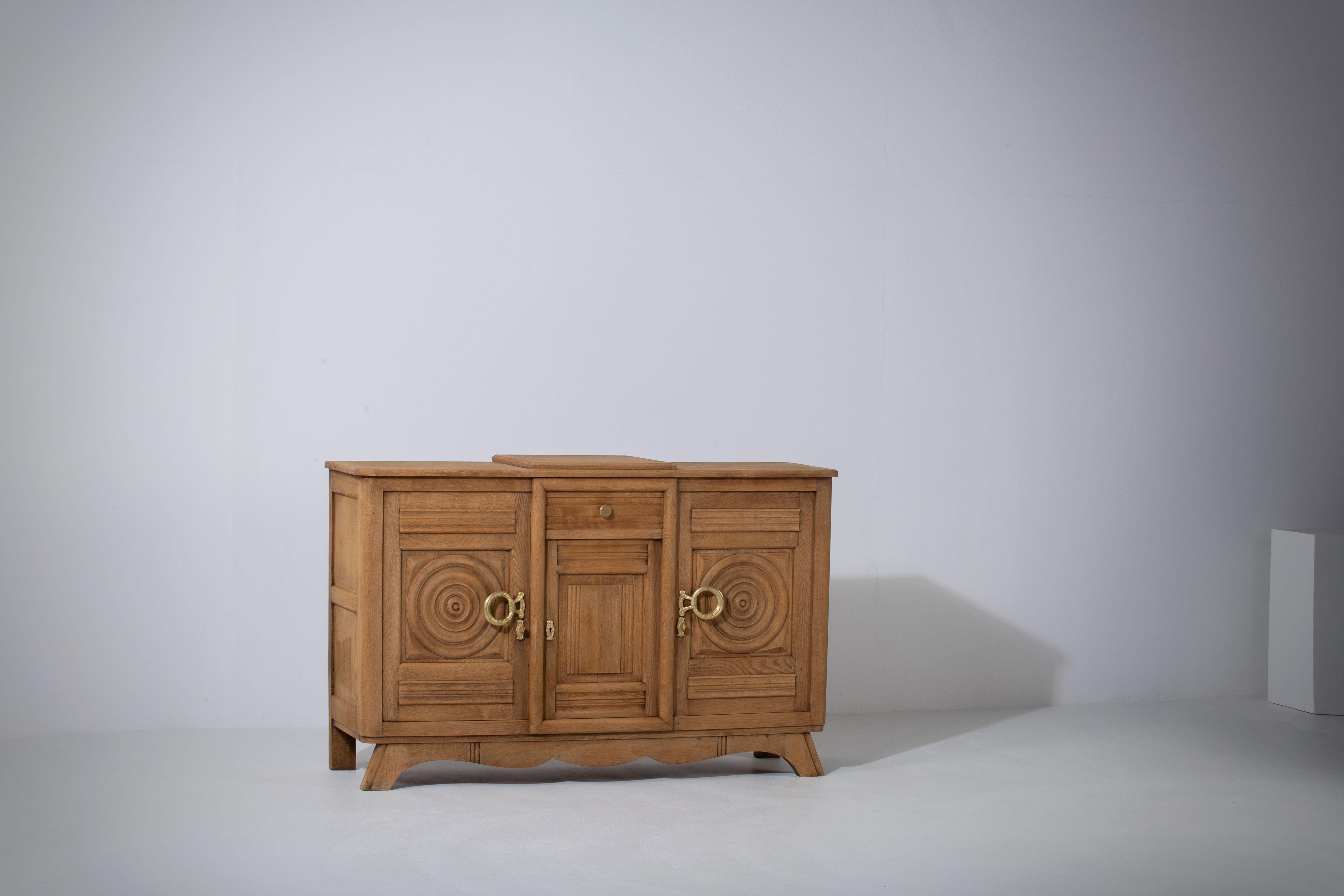 Art Deco French Solid Oak Credenza with Hand Carved Details, 1940s