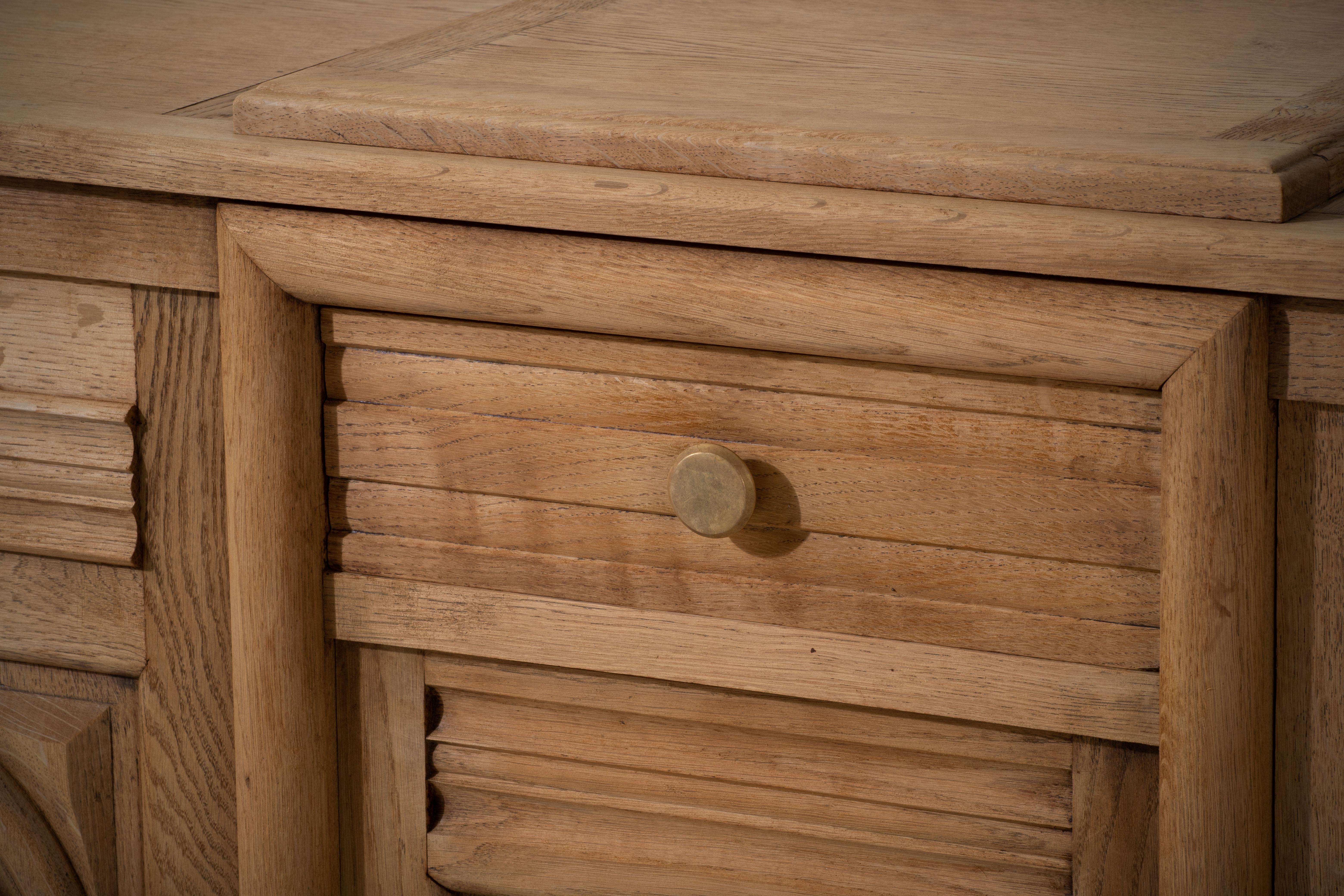 French Solid Oak Credenza with Hand Carved Details, 1940s 1