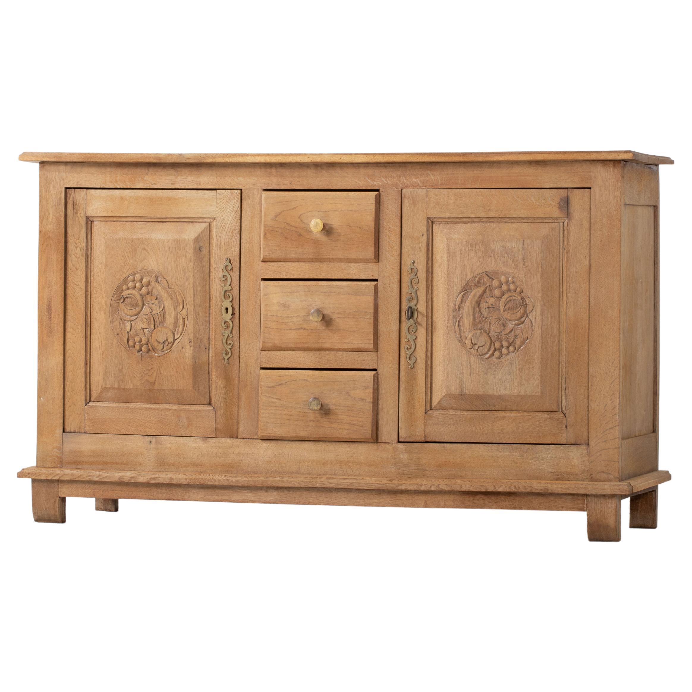 French Solid Oak Credenza with Hand-Carved Details, 1940s