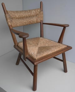 French Solid Oak Mid-Century Modern Rustic Armchair with Rush 1950's