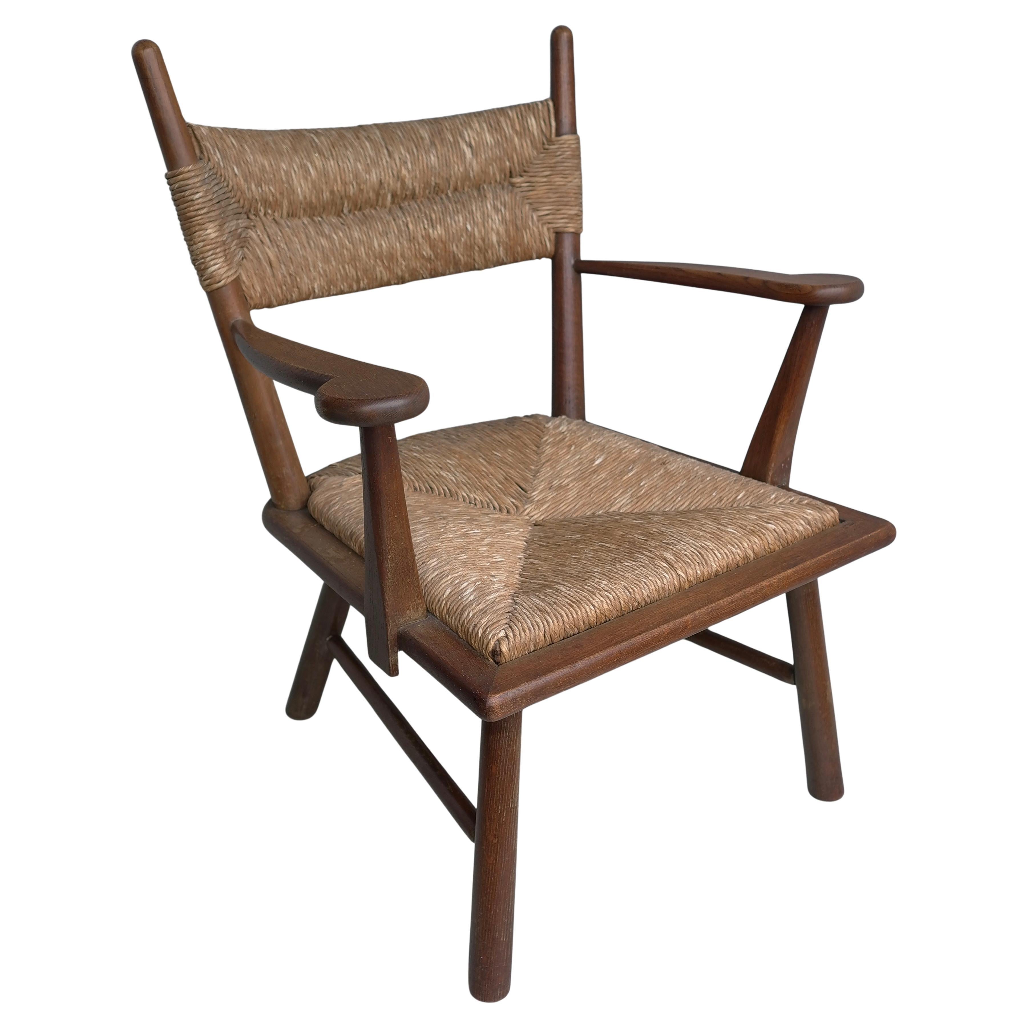 French Solid Oak Mid-Century Modern Rustic Armchair with Rush 1950's