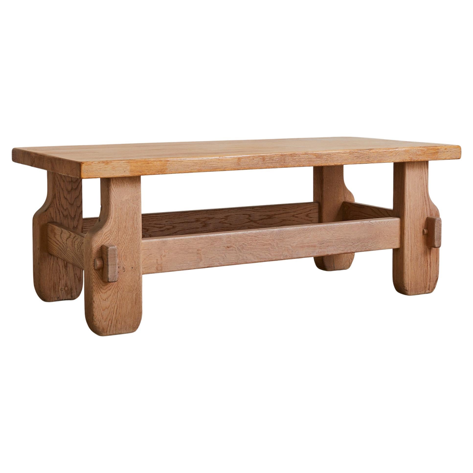 French Solid Oak Rectangular Coffee Table, 1960s