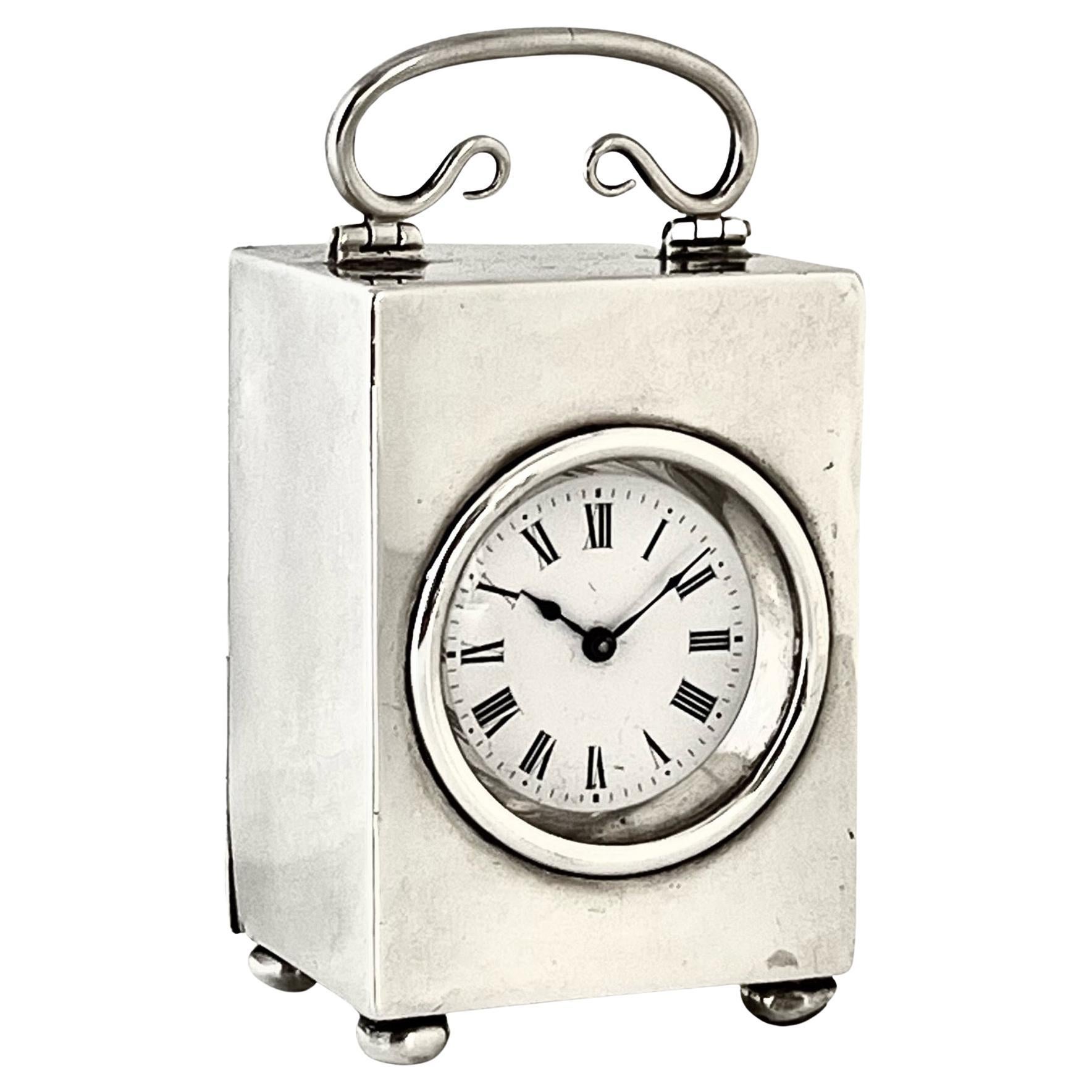 French Solid Silver Miniature Timepiece Carriage Clock For Sale