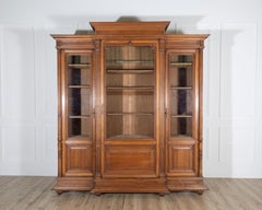 French Solid Walnut Bookcase with Carved Columns, Late 19th Century