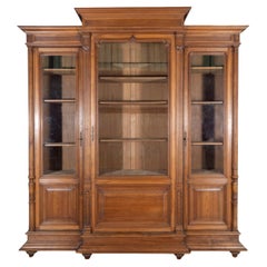French Solid Walnut Bookcase with Carved Columns, Late 19th Century