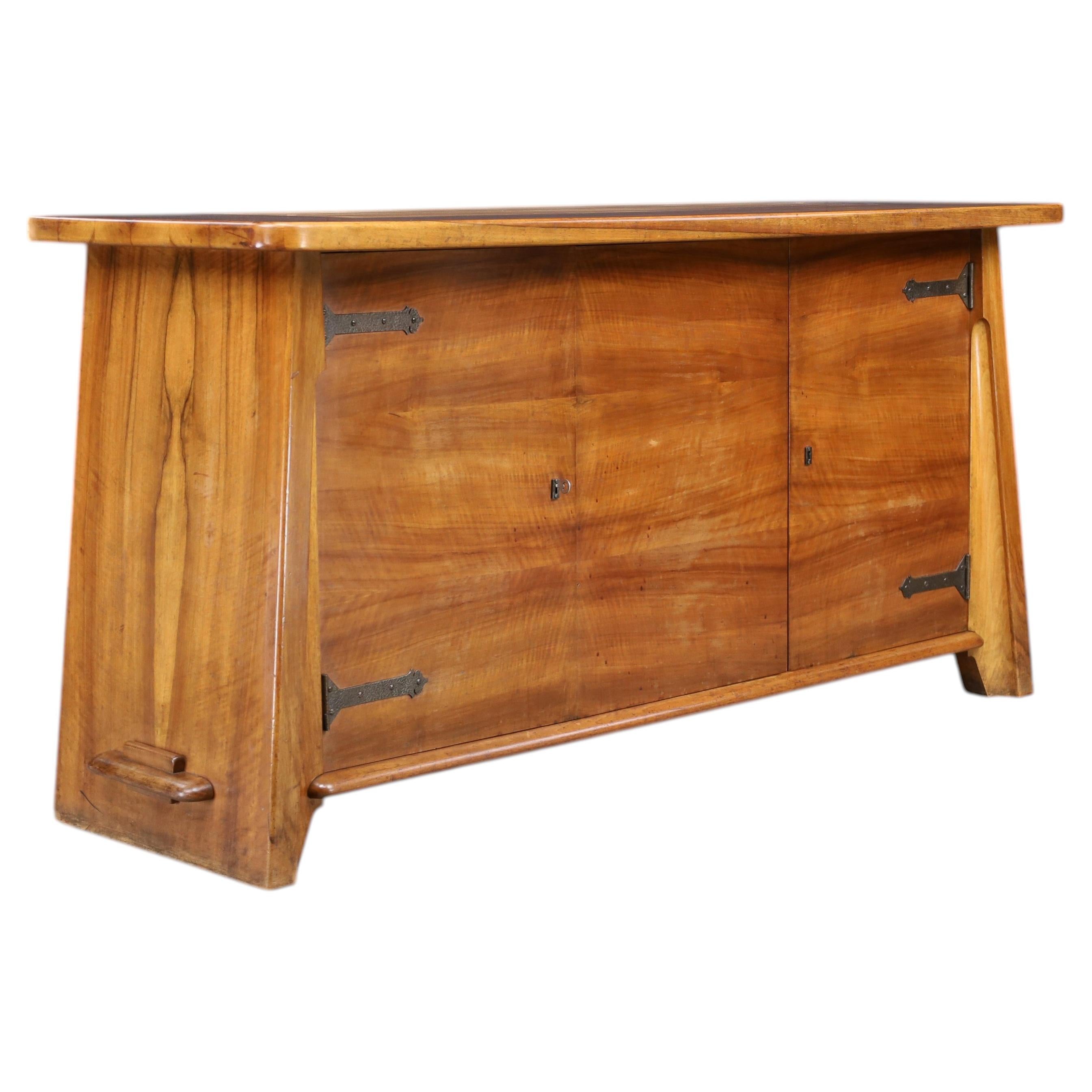 French Solid Walnut Credenza / Sideboard, Early Brutalist, 1930s, Architectural For Sale