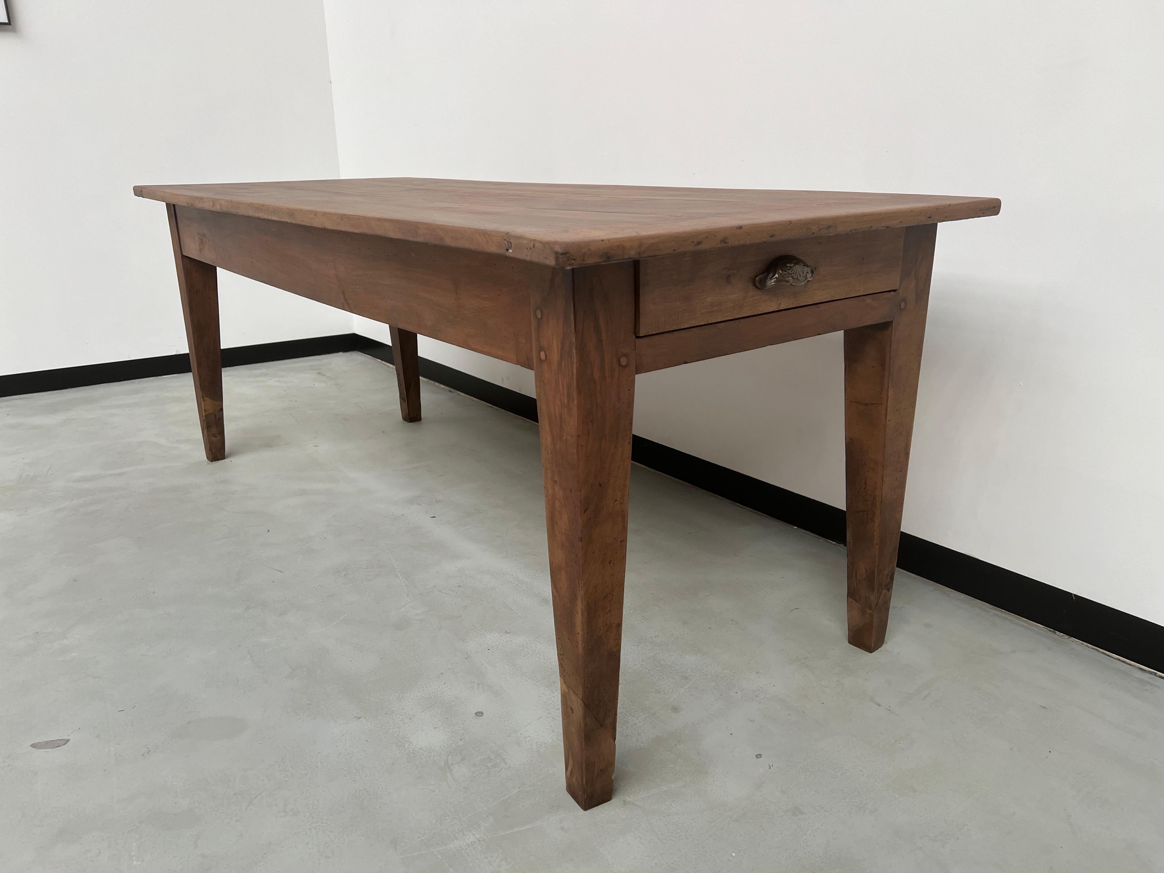 Mid-20th Century French solid walnut farm table with spindle legs For Sale