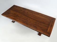 French Solid Walnut Trestle Style Dining Table Steel Inlays and Trim Seats 14