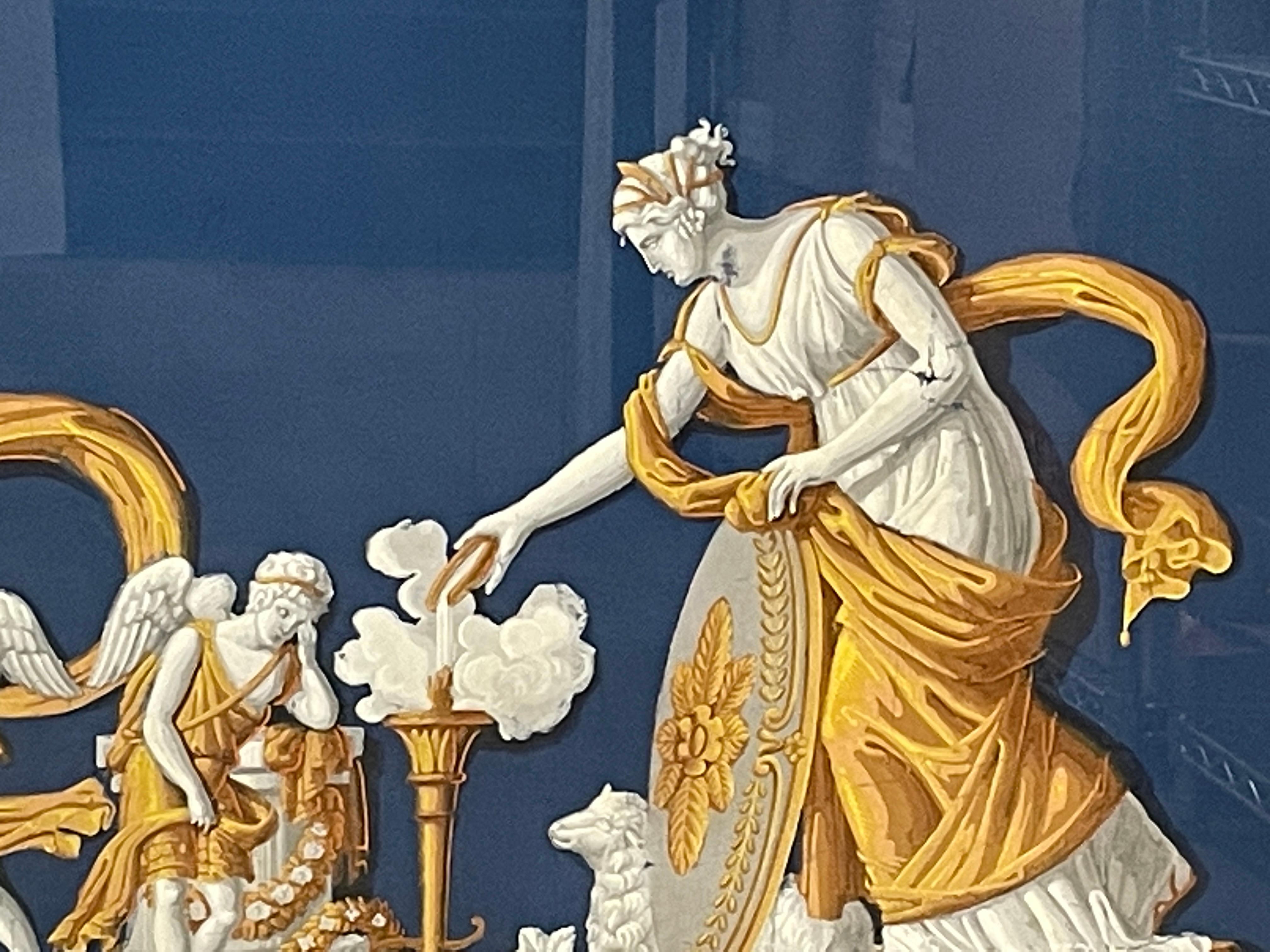 Discover an extraordinary French Sopraporte (above door painting) originating from a historic castle in the south of France. This hand-painted masterpiece draws inspiration from antique architectural reliefs and the vibrant wall paintings of