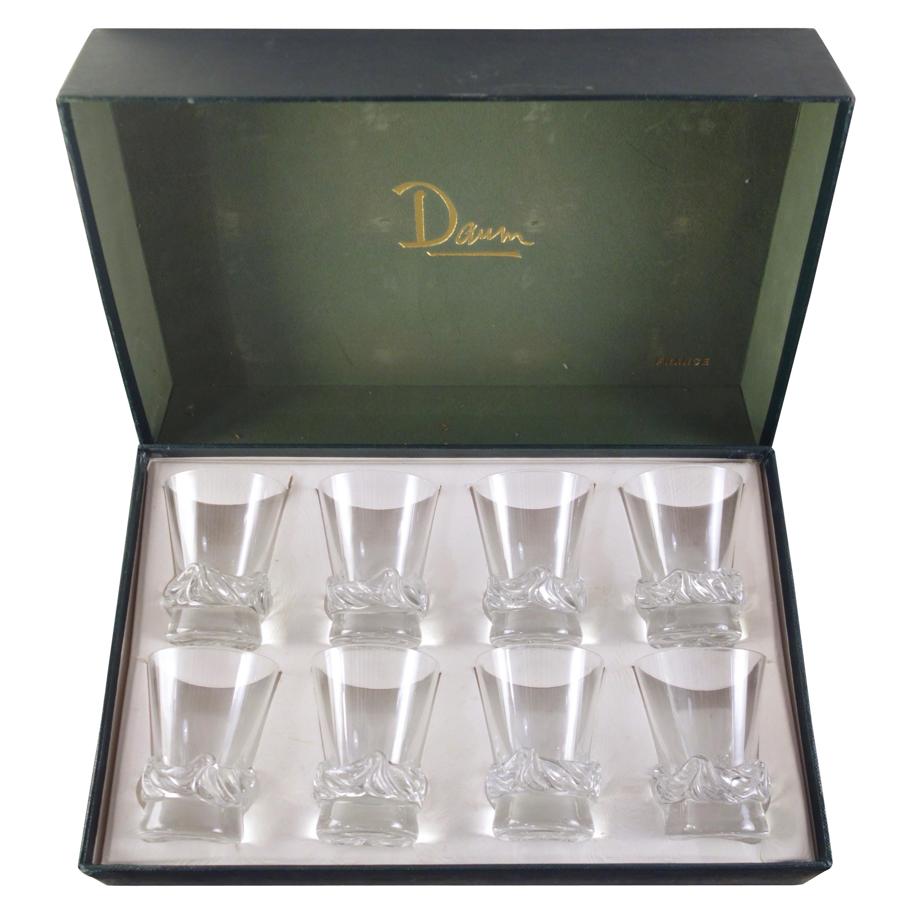 French Sorcy Glasses Crystal Set Eight by Daum, 1950s