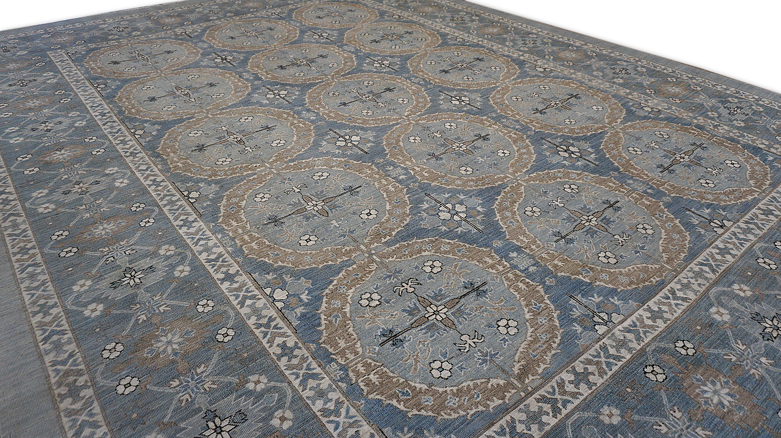 Französisch Spanisch inspiriert Blau Grau mit Taupe Wollteppich 9'x12'3'' (Pakistanisch) im Angebot