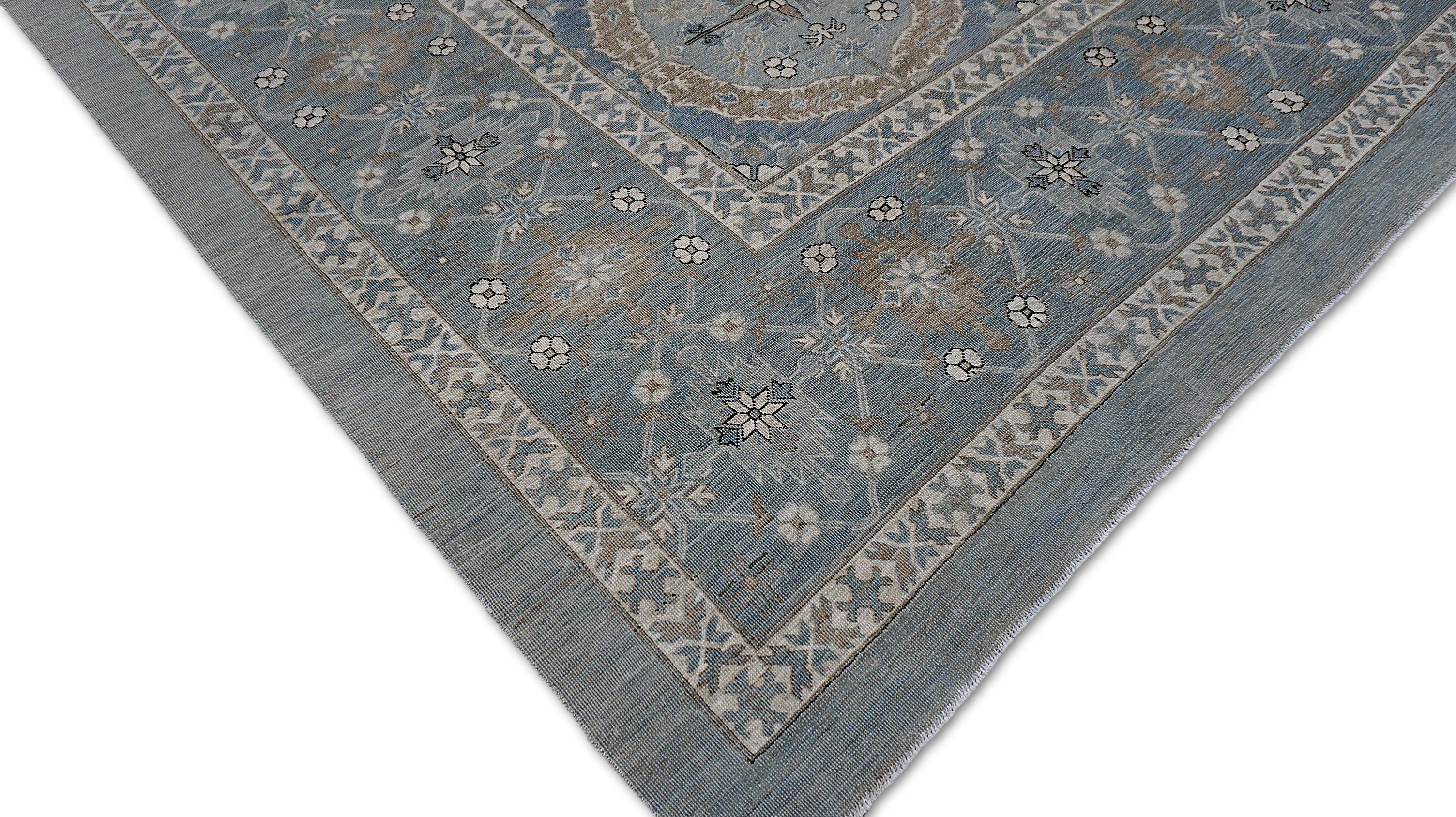 Französisch Spanisch inspiriert Blau Grau mit Taupe Wollteppich 9'x12'3'' (Handgeknüpft) im Angebot