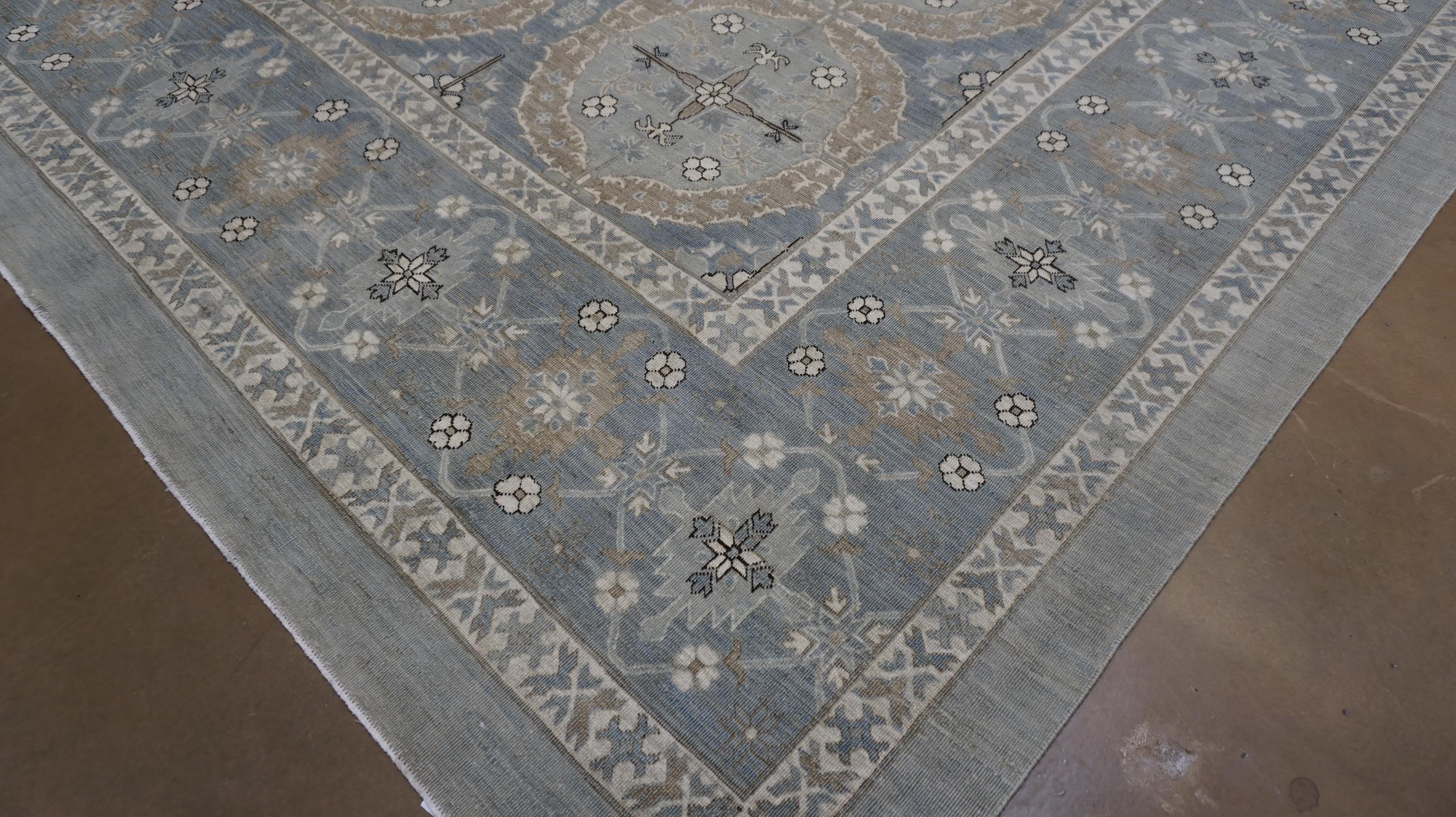 Französisch Spanisch inspiriert Blau Grau mit Taupe Wollteppich 9'x12'3'' im Angebot 1