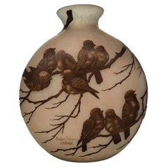 Antique French sparrows Vase, Sign: Muller Freres Luneville, Jugendstil, Art Nouveau