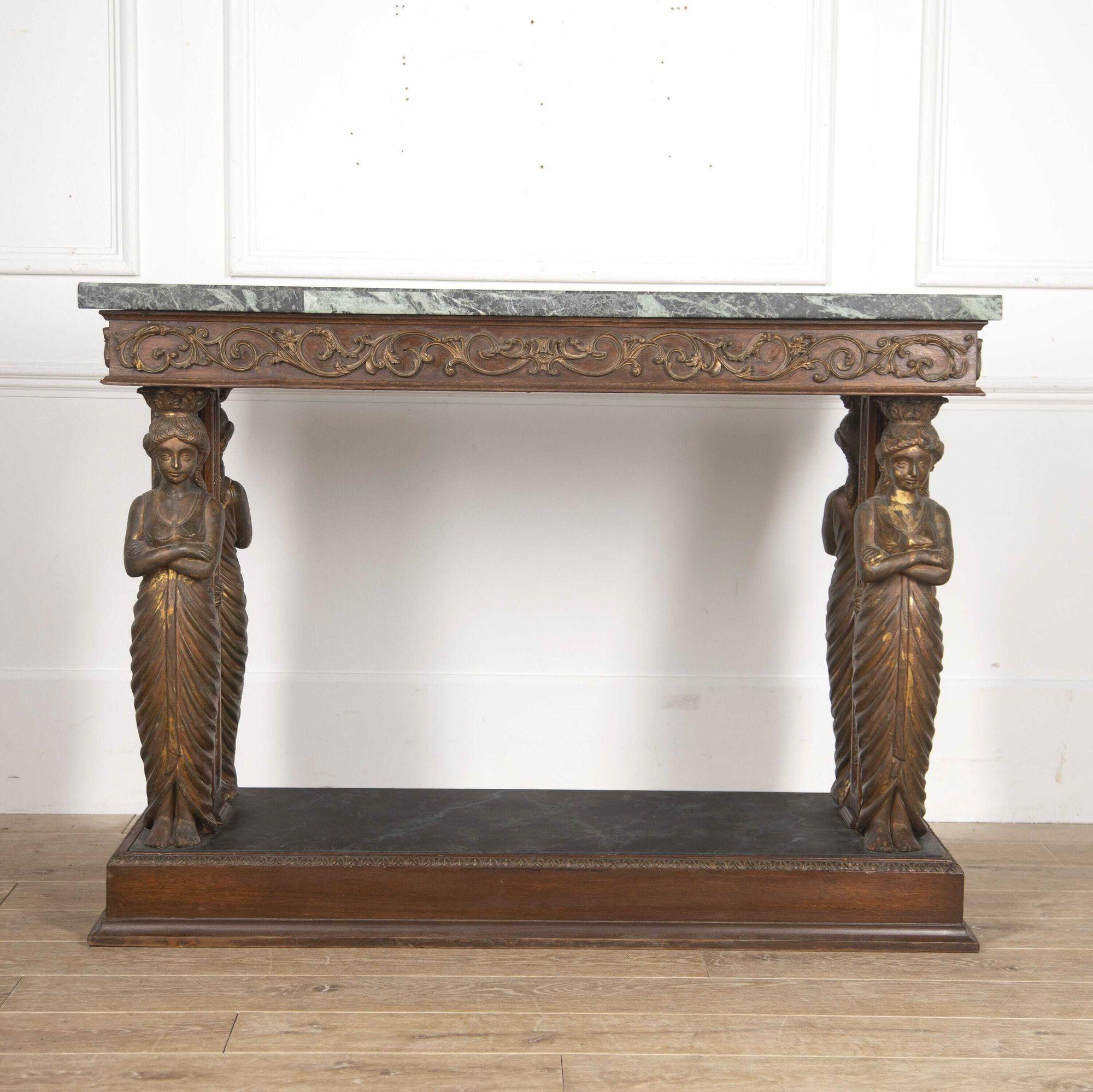 Extraordinary 20th century French Empire style console table.
This table is after a design by Jacob-Desmalter. The rectangular specimen top has a beautiful chequered design of hardstones and rare marbles in a variety of colours.
The top is