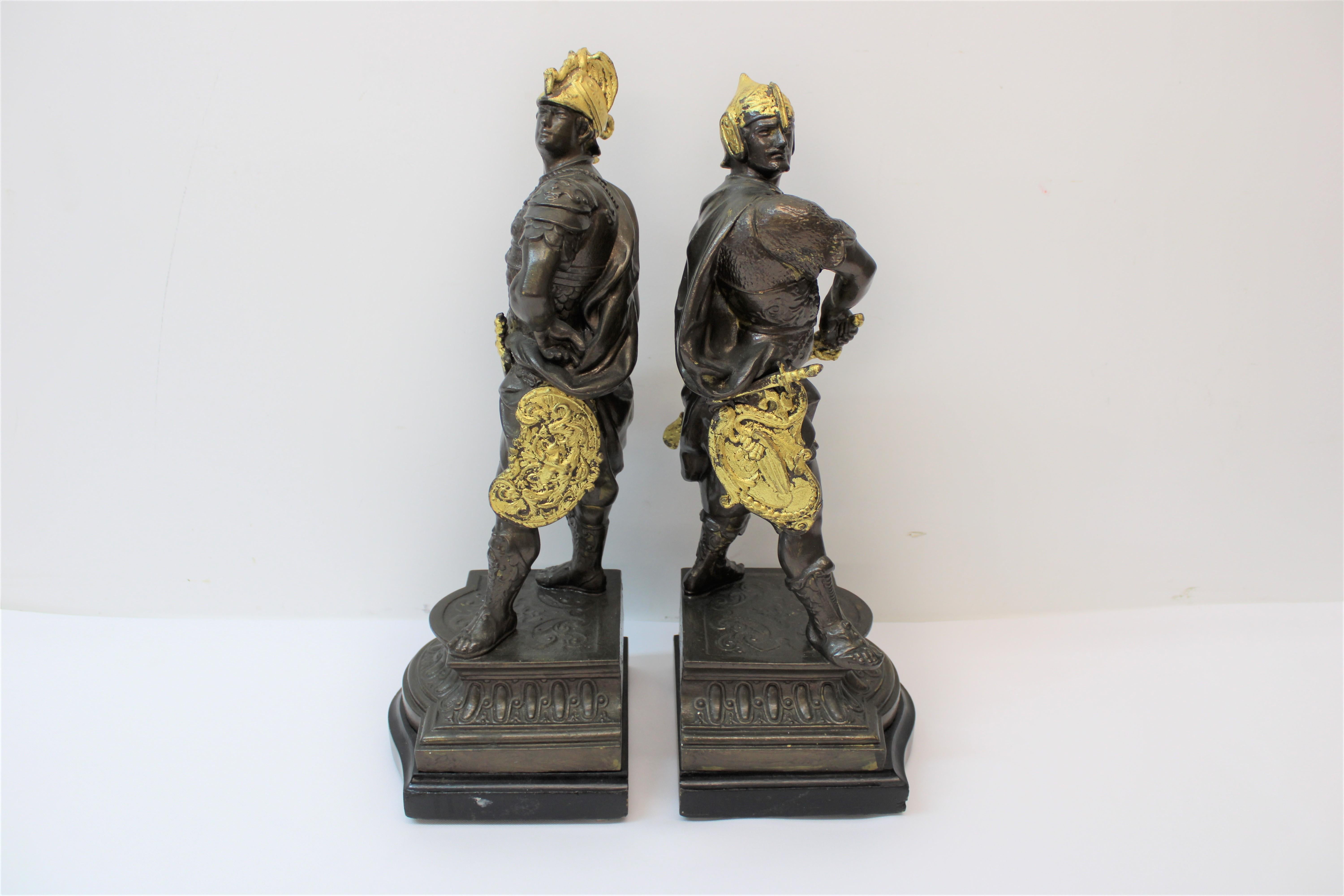C. 19th century amazing French spelter warrior statue bookends w/ gilded helmets & shields.