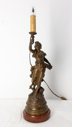 French Spelter Woman with Roses Table Lamp From L-A Moreau on Marble Base c 1900