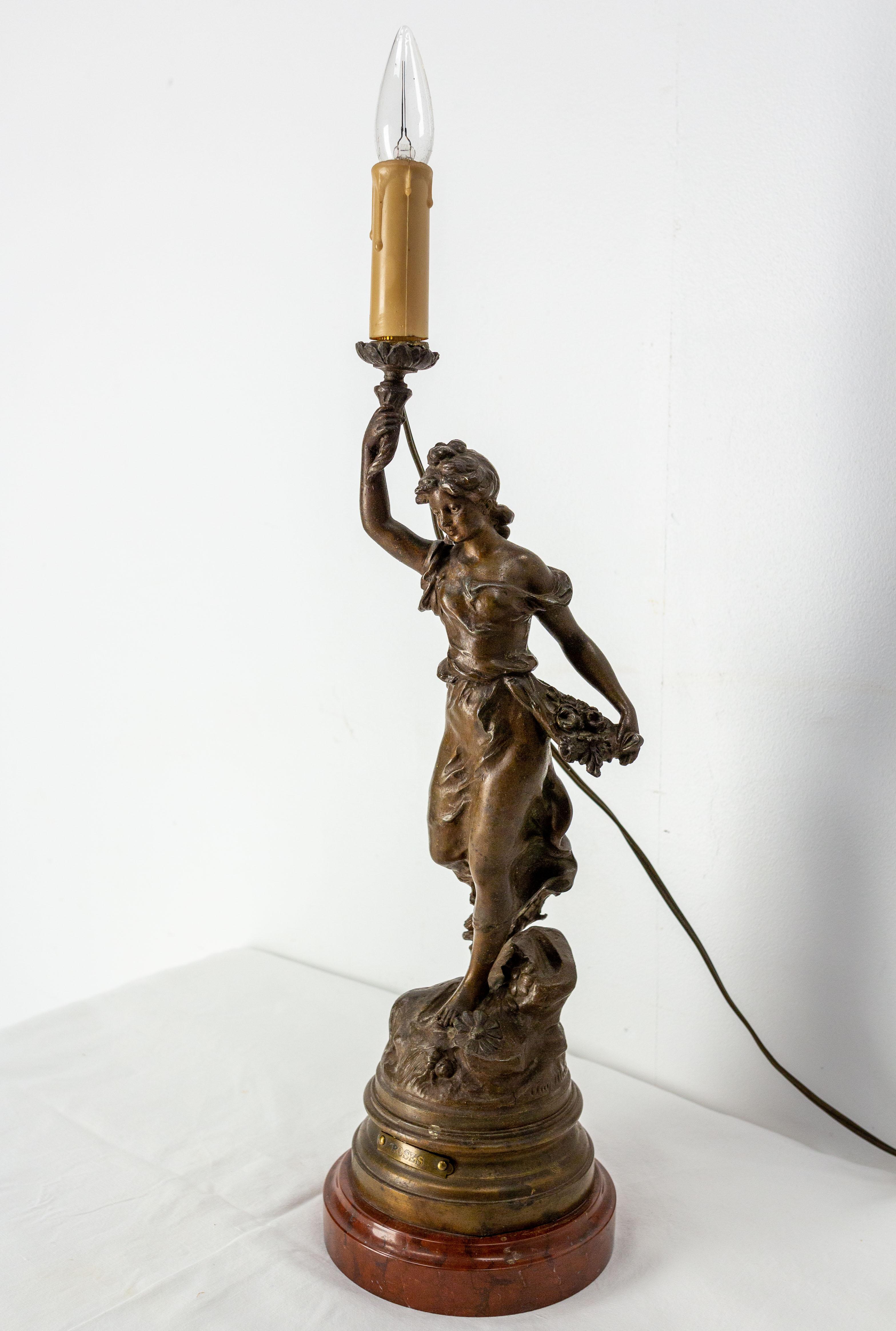 Neoclassical French Spelter Woman with Roses Table Lamp From L-A Moreau on Marble Base c 1900 For Sale