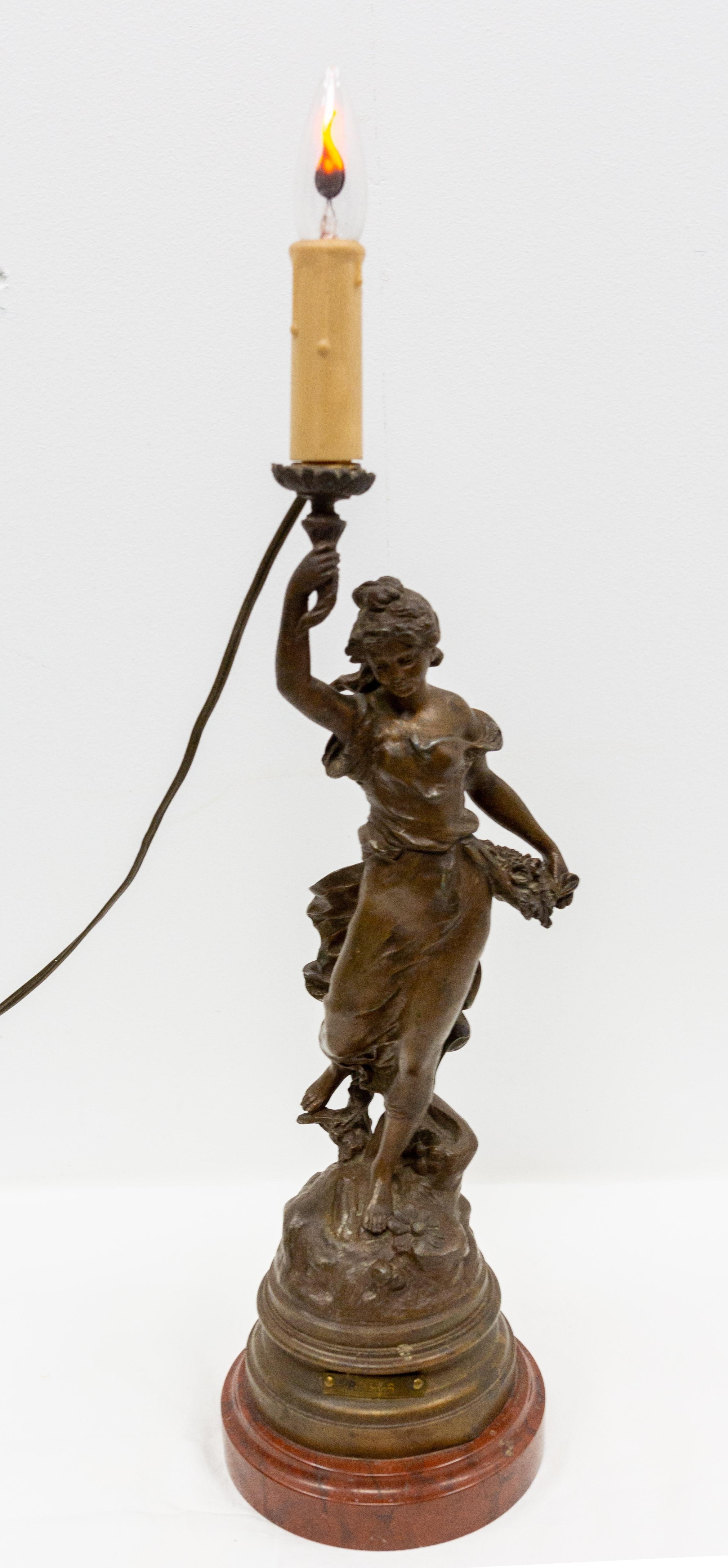 French Spelter Woman with Roses Table Lamp From L-A Moreau on Marble Base c 1900 For Sale 3