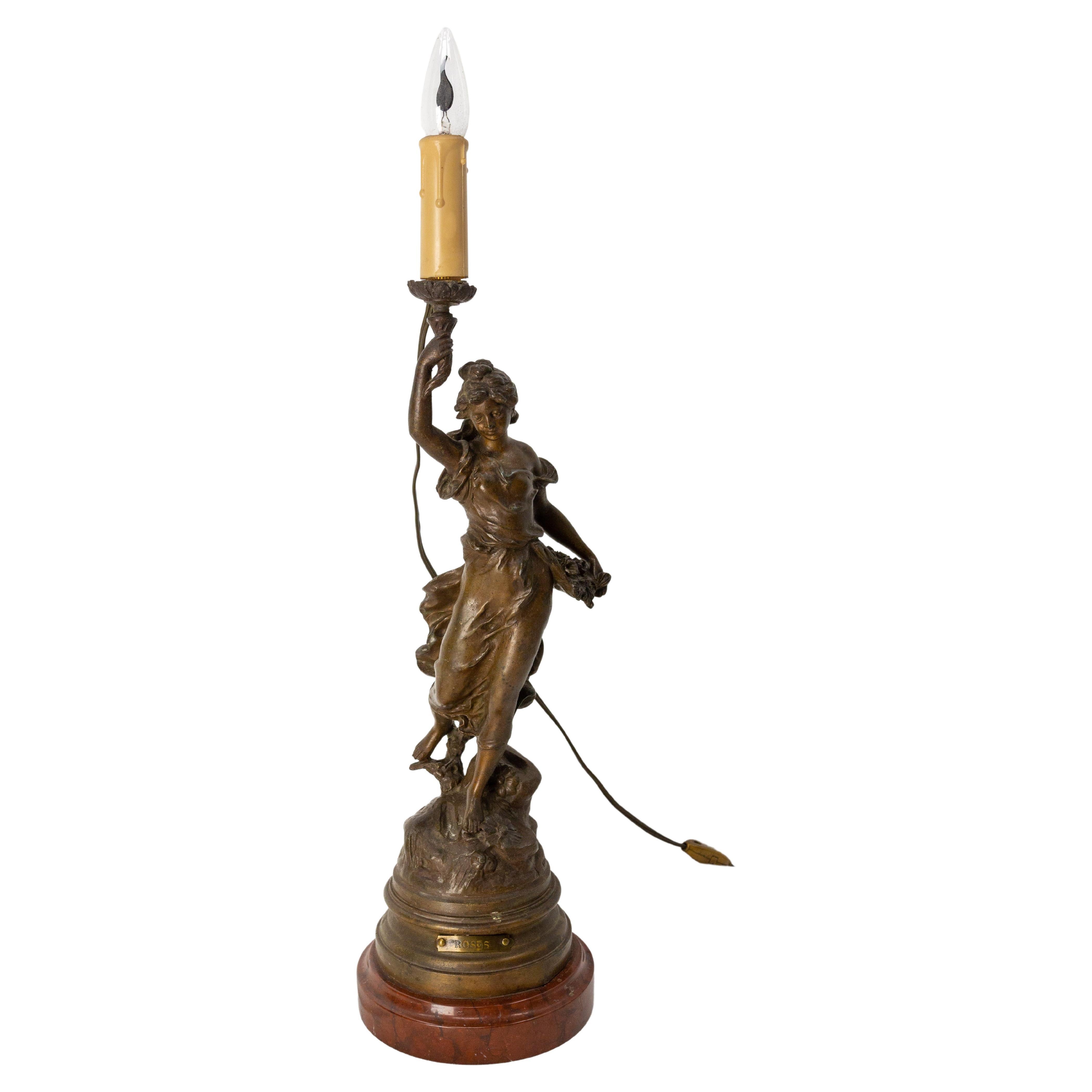 French Spelter Woman with Roses Table Lamp From L-A Moreau on Marble Base c 1900 For Sale
