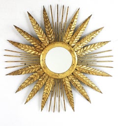 French Sunburst Mirror in Gilt Iron with Spikey Leafed Frame, 1940s
