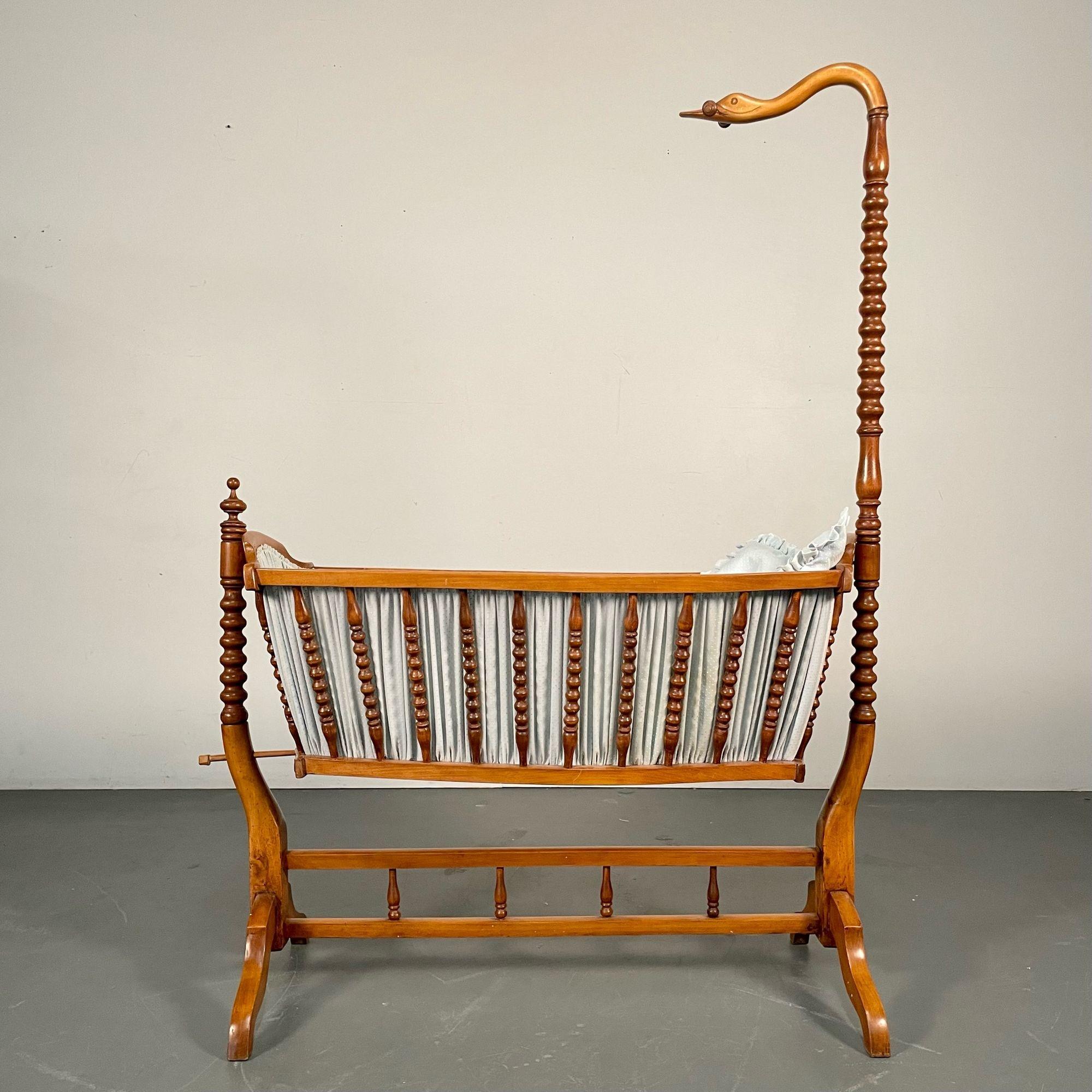 Regency French Spindled 19th Century Walnut Decorative Cradle, Swan Motif For Sale
