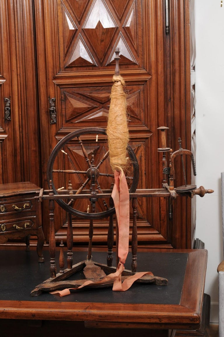 Rustic French Spinning Wheel with Original Parts from the 18th Century