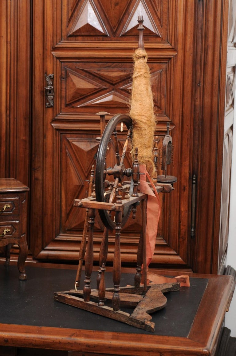 Rustic French Spinning Wheel with Original Parts from the 18th Century