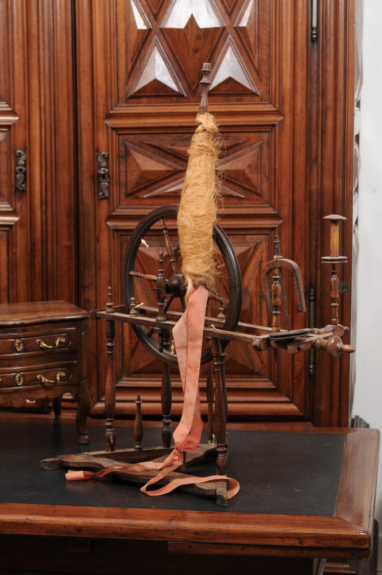Rustic French Spinning Wheel with Original Parts from the 18th Century