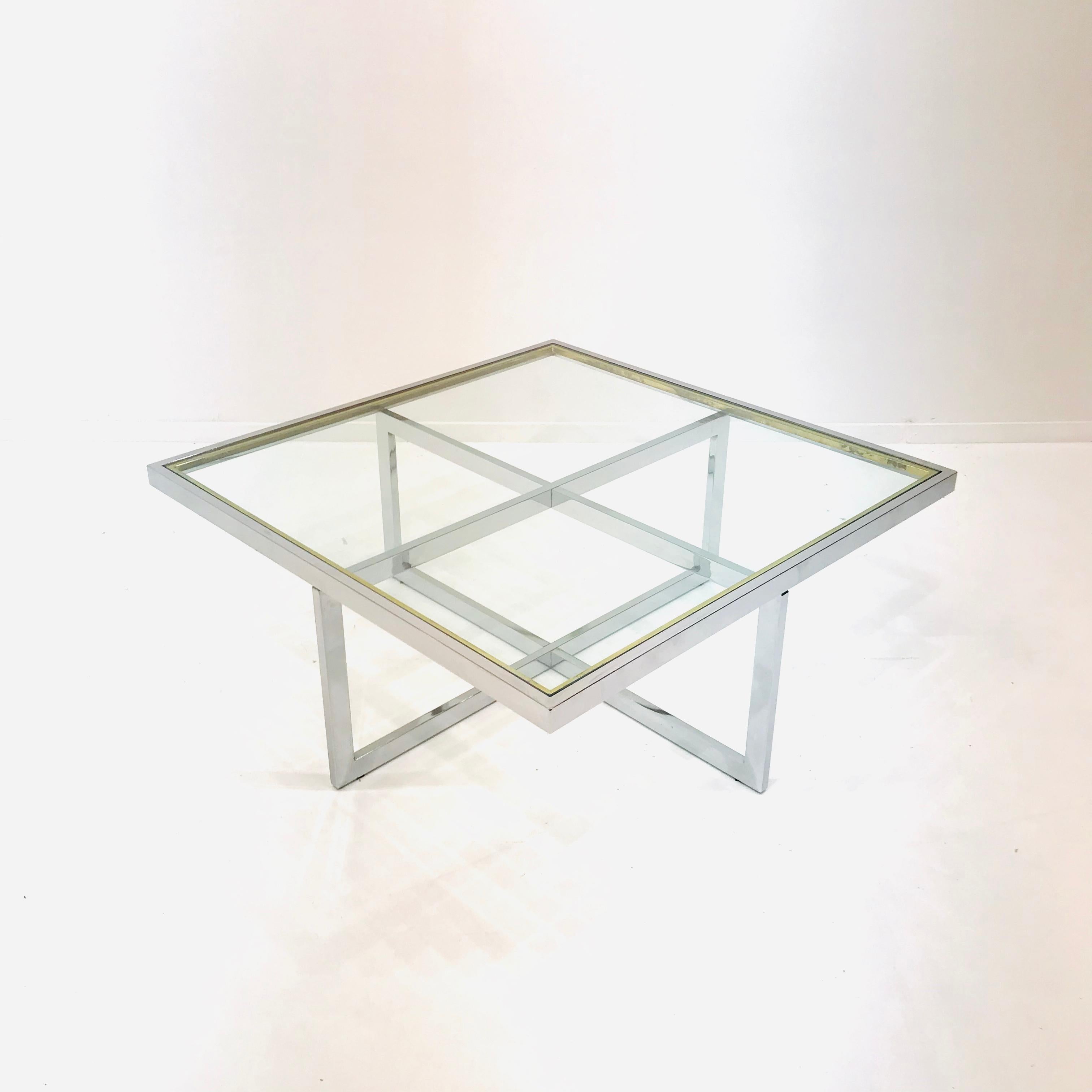 French Square Brass and Chrome Coffee Table by Jean Charles for Maison Charles For Sale 5