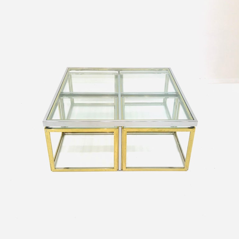 French Square Brass and Chrome Coffee Table by Jean Charles for Maison Charles For Sale at 1stDibs