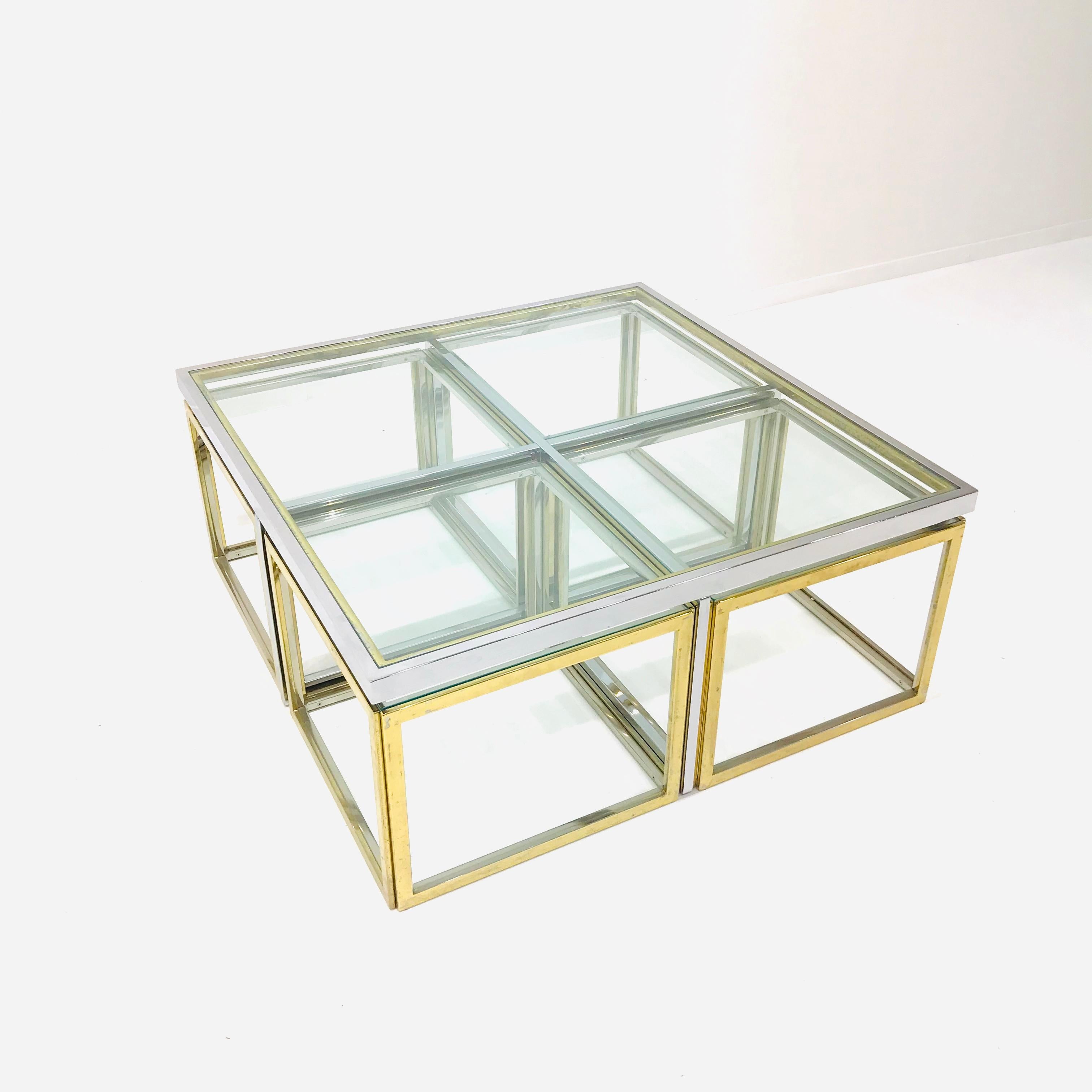 Mid-Century Modern French Square Brass and Chrome Coffee Table by Jean Charles for Maison Charles For Sale