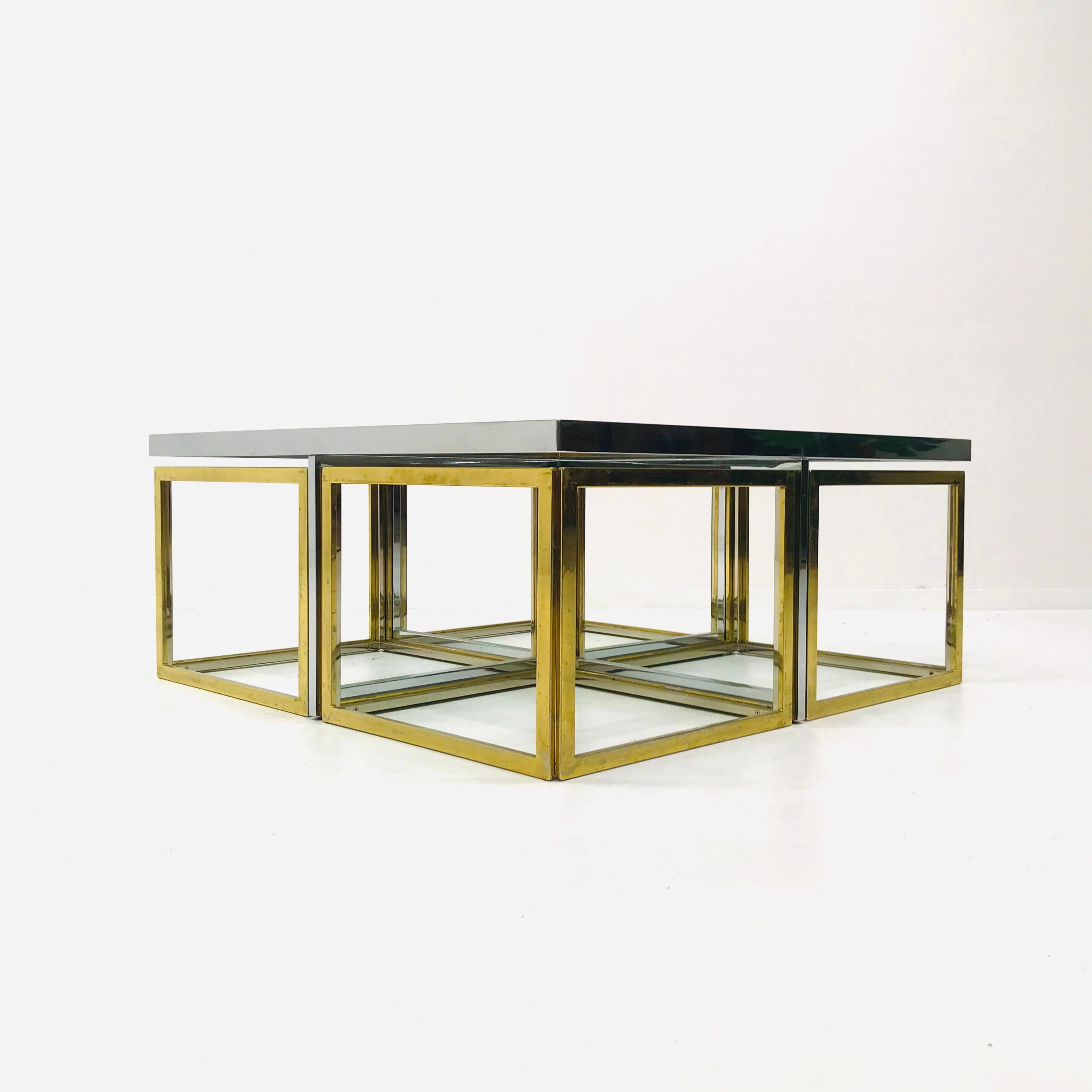 Metal French Square Brass and Chrome Coffee Table by Jean Charles for Maison Charles For Sale