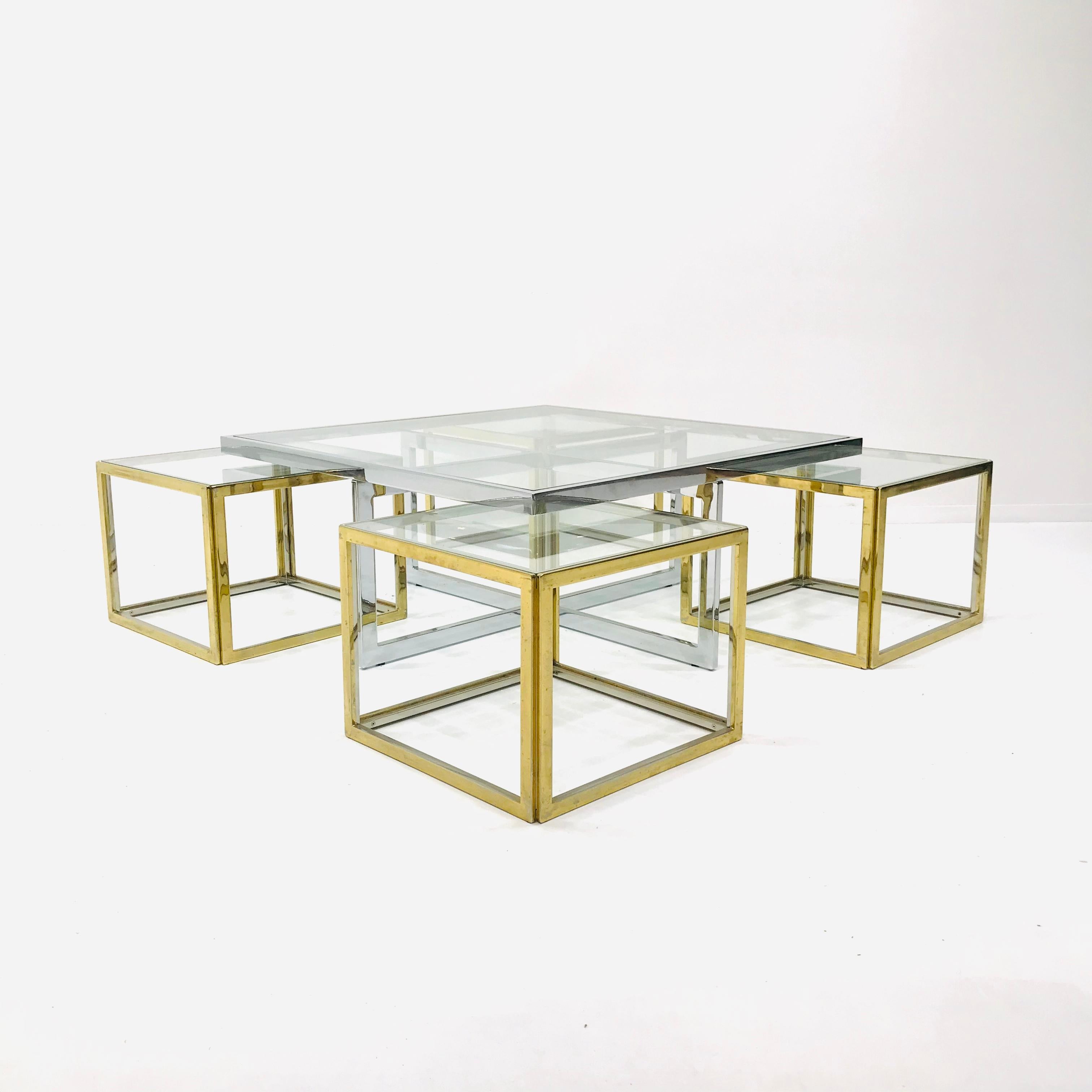 French Square Brass and Chrome Coffee Table by Jean Charles for Maison Charles For Sale 2