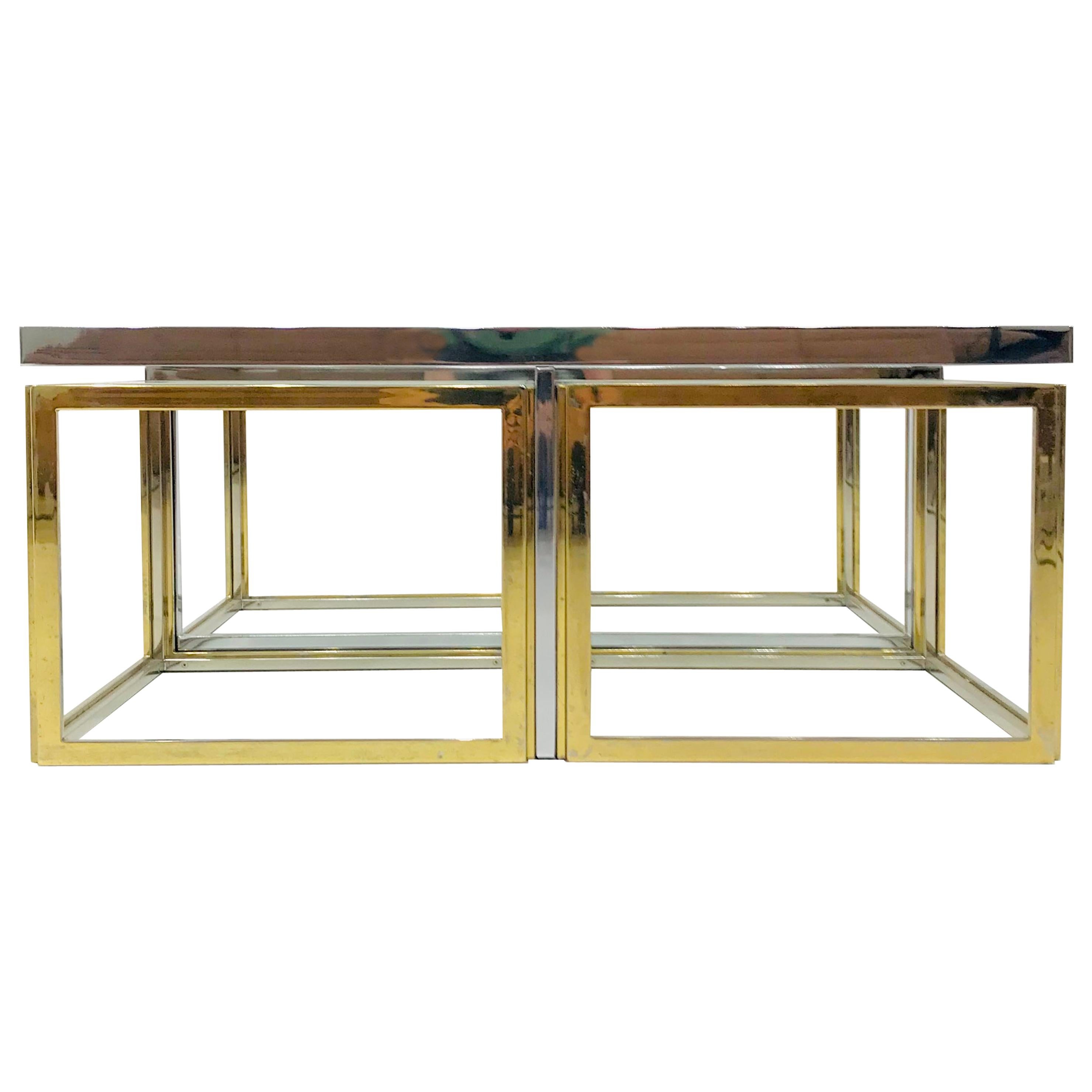 French Square Brass and Chrome Coffee Table by Jean Charles for Maison Charles For Sale
