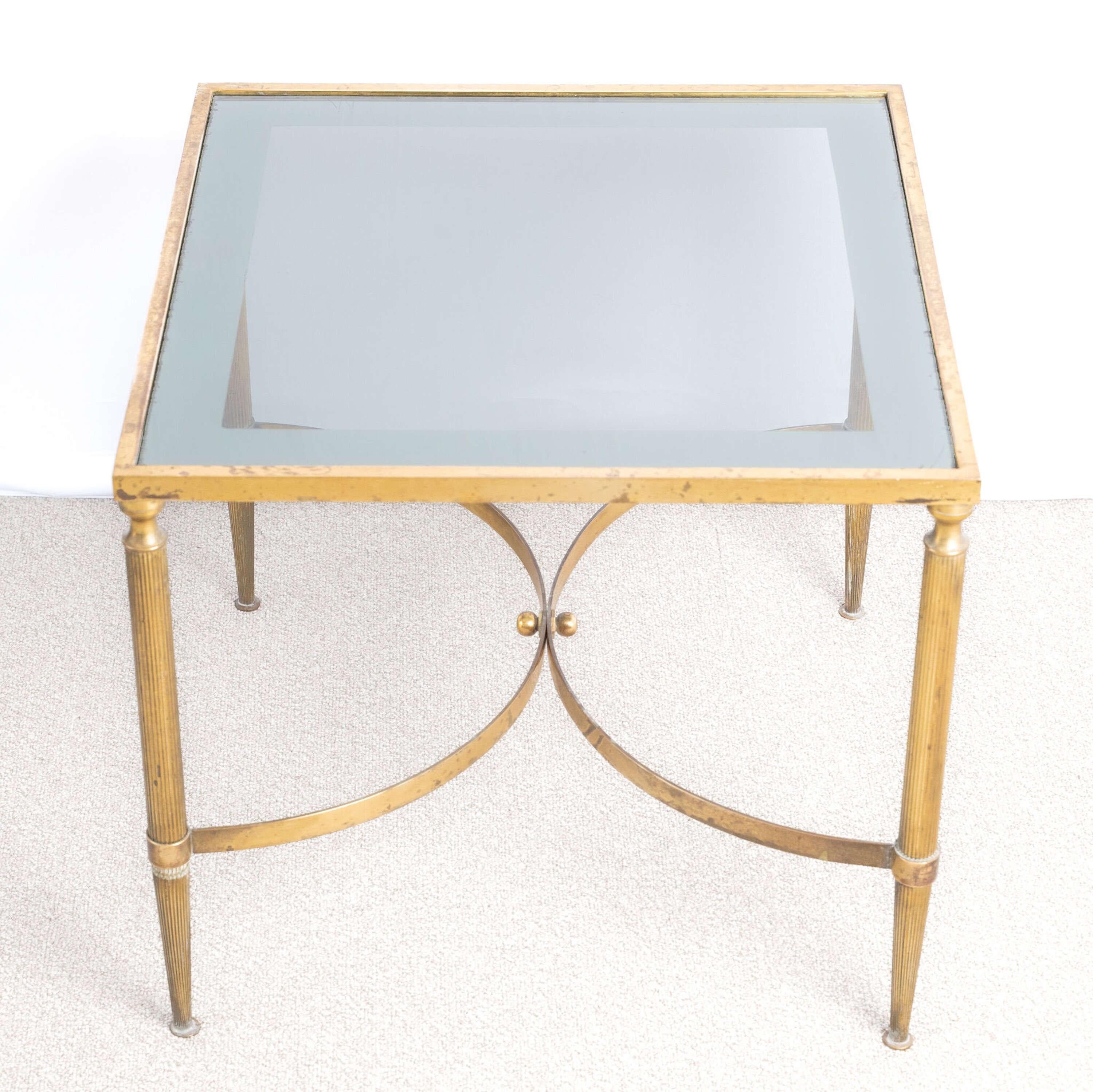 Hand-Crafted French Square Brass and Glass Side Table For Sale